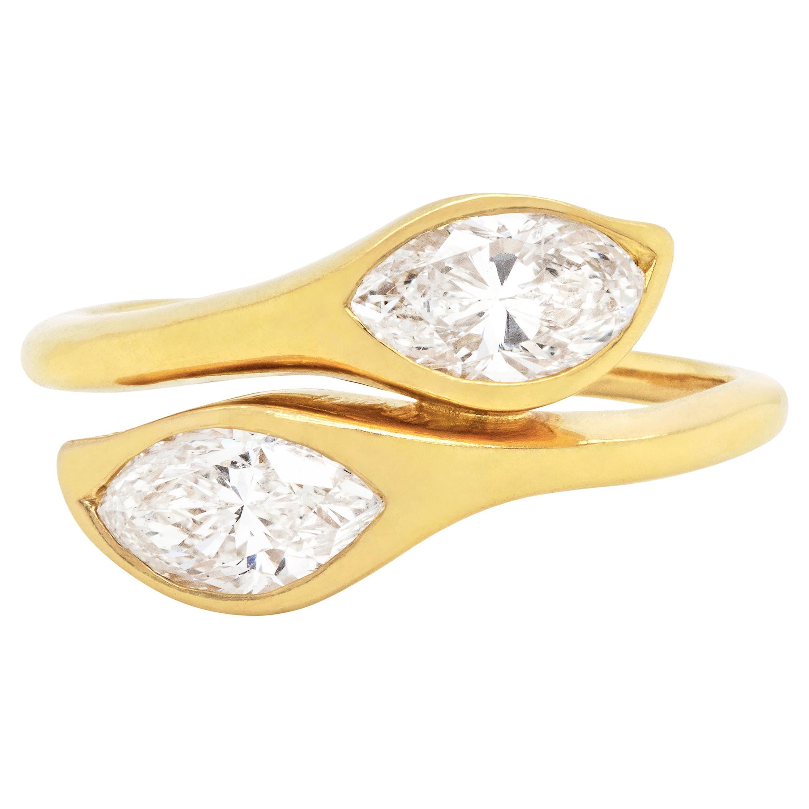 Marquise Diamond Two-Stone Twist 18 Carat Yellow Gold Engagement Ring