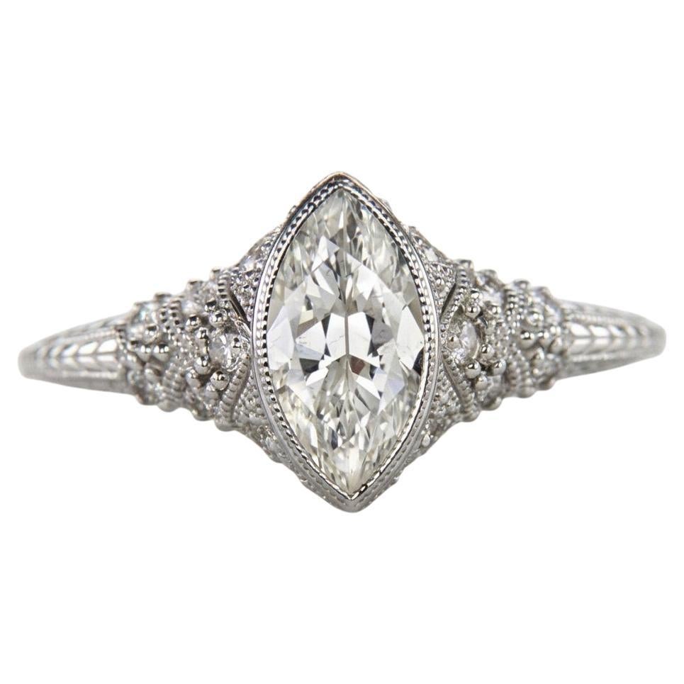 Bague de fiançailles en or blanc 14k avec chaton et diamant Marquise d
inspiration vintage