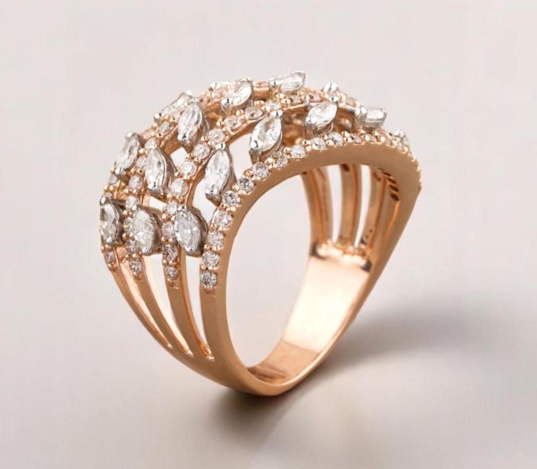 Anneau Wave Lines Marquise en or massif 14 carats (certifié) Pour femmes en vente