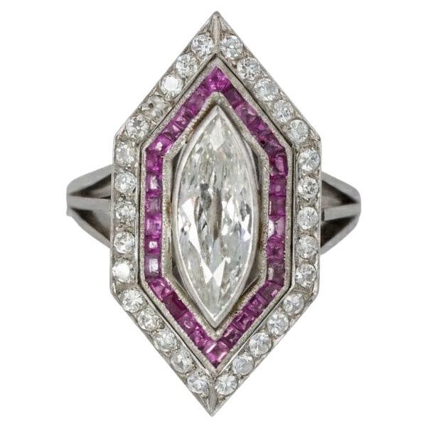 Marquise Diamond with French-Cut Ruby Halo and Diamond Border Ring