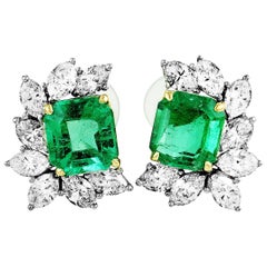 Marquise Diamonds and Emerald White and Yellow Gold Earrings Marquise Diamonds and Emerald White and Yellow Gold Earrings