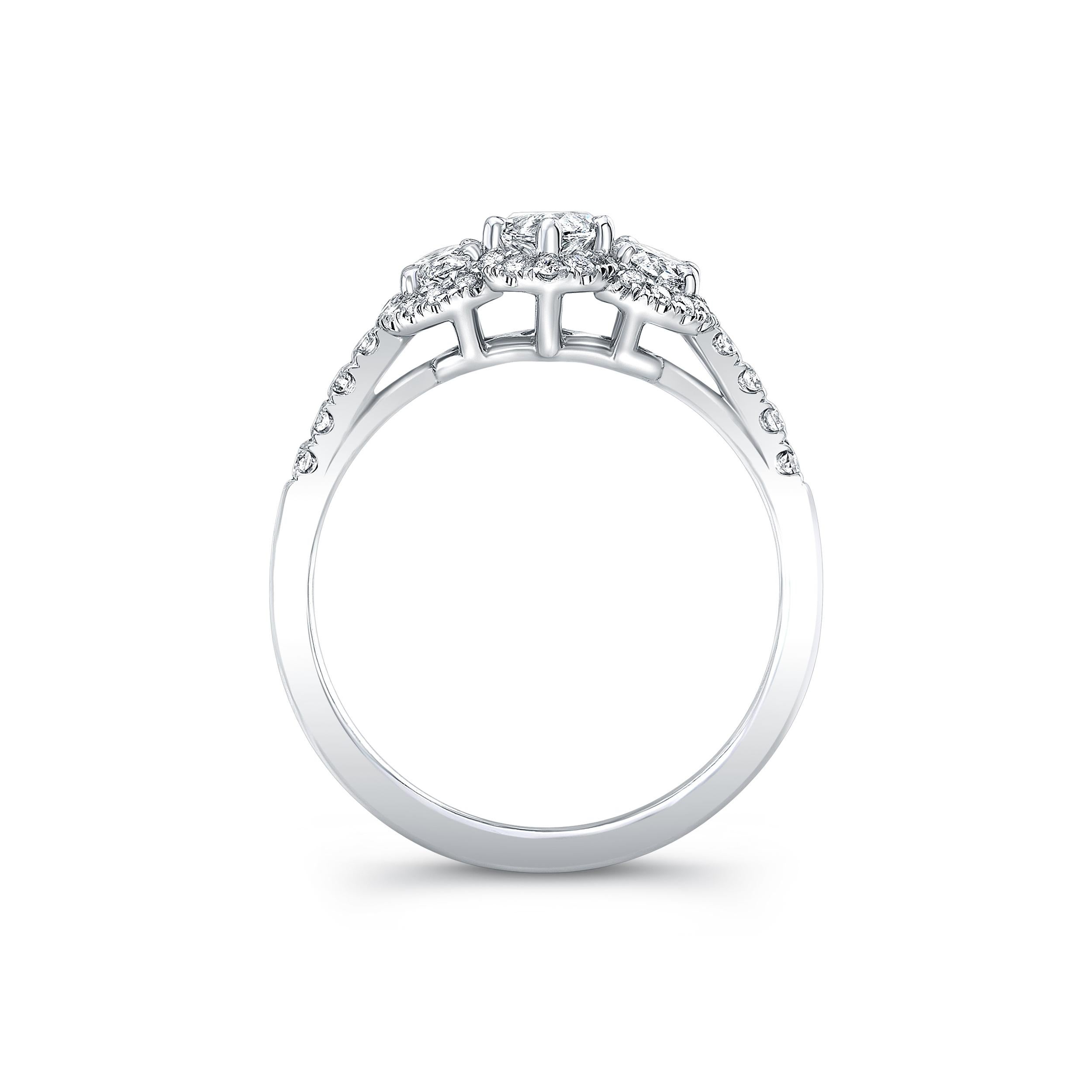 Center Stone - Marquise diamond 0.72 carat
Sidestones -    2 Marquise diamonds 0.70 carat total weight
Set in 18k white gold pavé ring
pavé diamonds - 0.30 total weight
AGS certified
Approximate Color G-H Clarity VS1-VS2
6.5 ring size