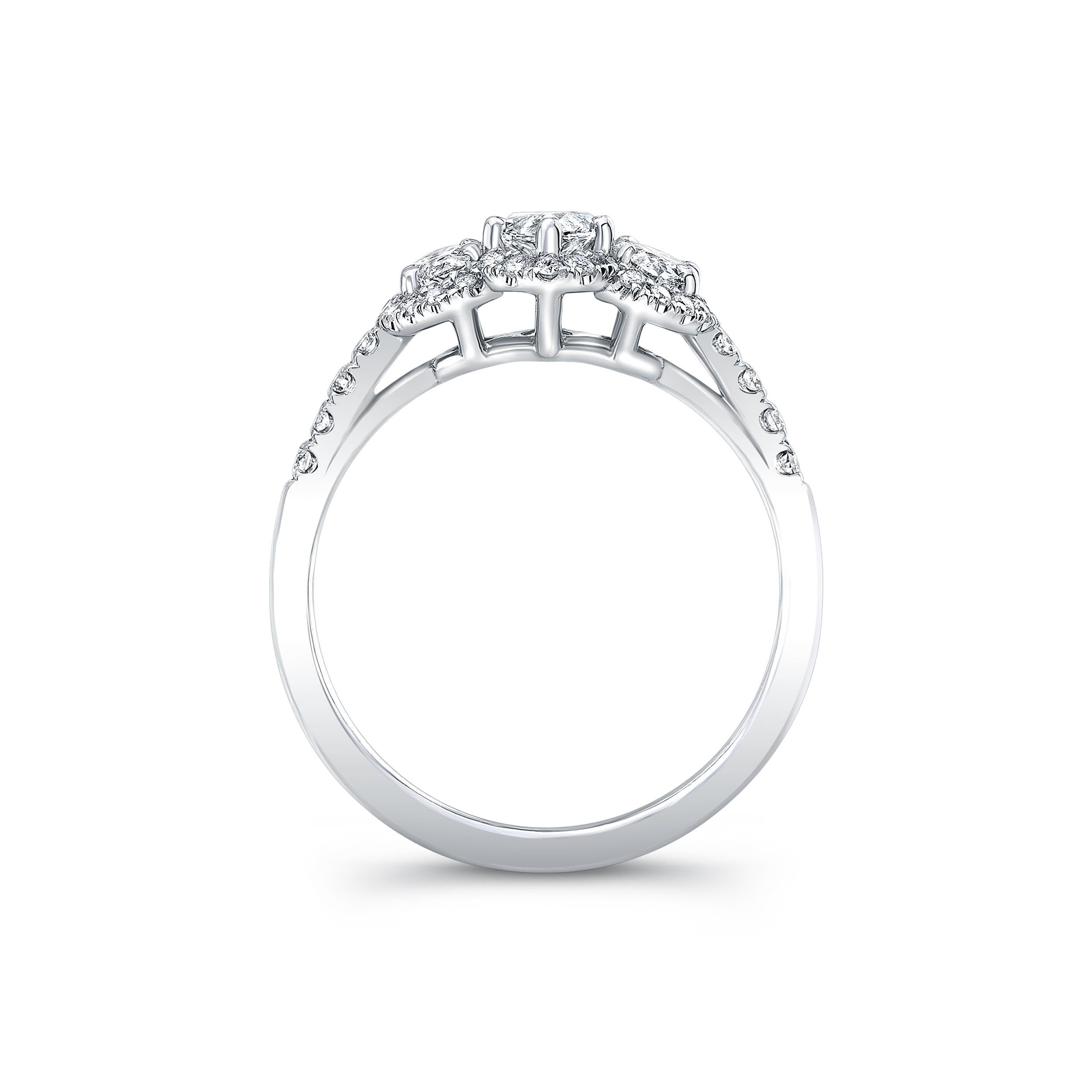 Center Stone - Marquise diamond 0.87 carat
Sidestones -    2 Marquise diamonds 0.63 carat total weight
Set in 18k white gold pavé ring
pavé diamonds - 0.33 total weight
AGS certified
Approximate Color H-I Clarity VS1-VS2
6.5 ring size