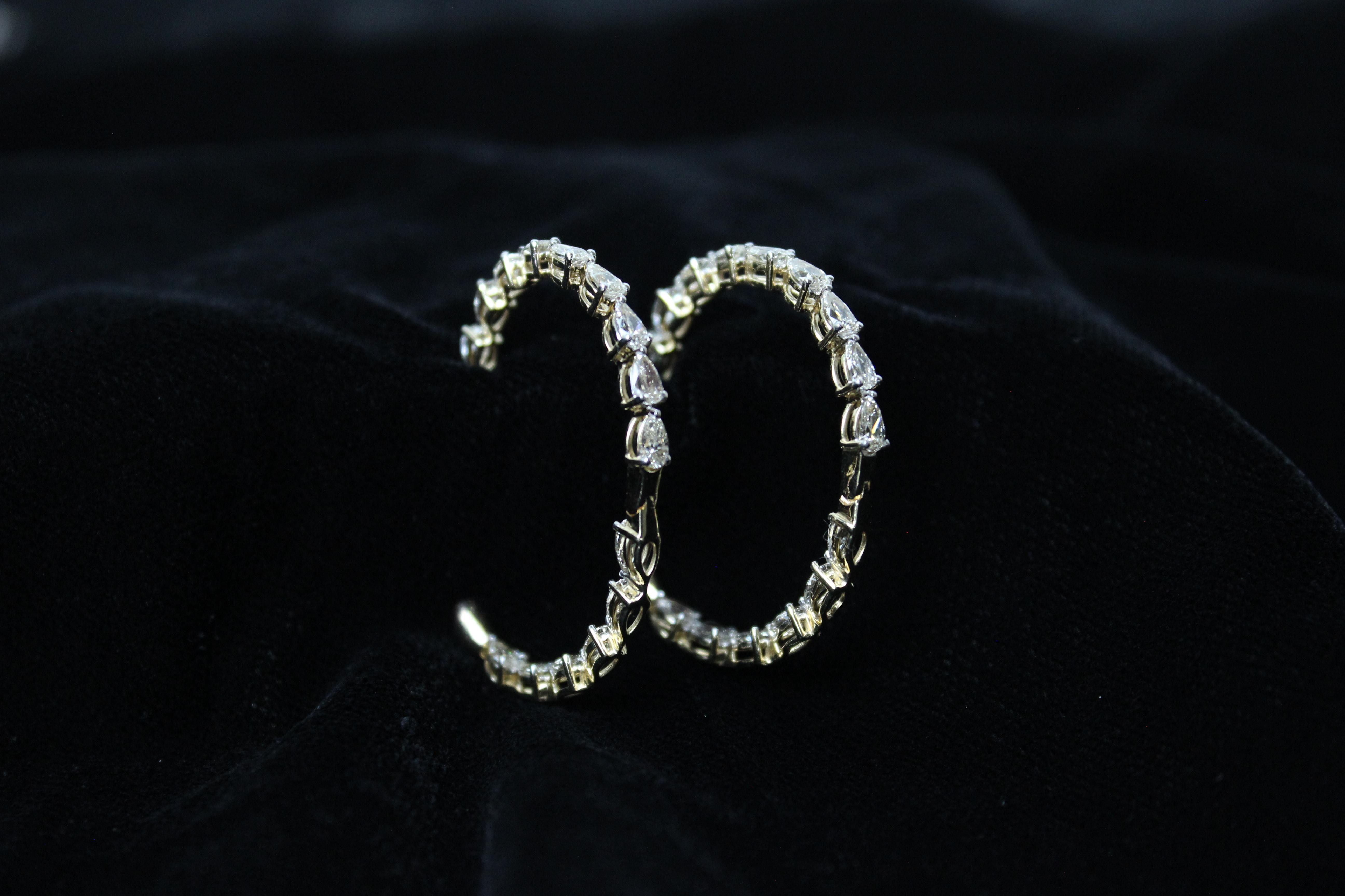 Art Deco Marquise Diamonds Hoop Earrings in 18K Solid Gold For Sale