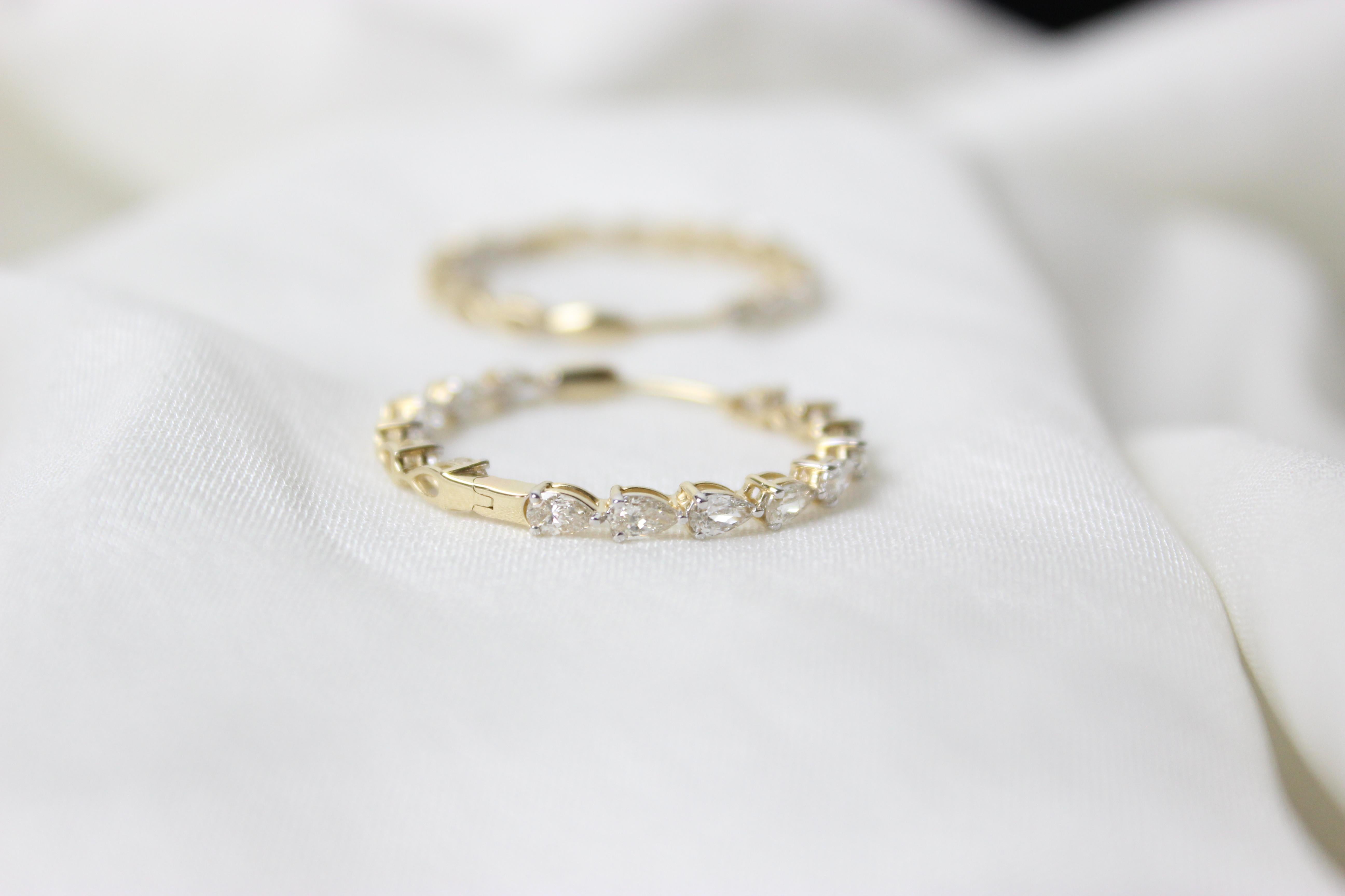 Brilliant Cut Marquise Diamonds Hoop Earrings in 18K Solid Gold For Sale