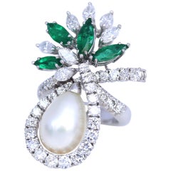 Vintage Marquise Diamonds Pearl Colombian Emeralds 18 K White Gold Ring