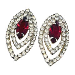 Marquise Double Halo Elipse Earrings, Garnet Crystal Rhinestone with CZ Halo