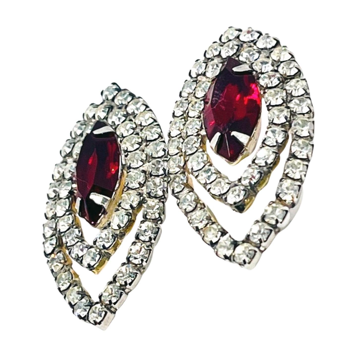 Art Deco Marquise Double Halo Elipse Earrings, Garnet Crystal Rhinestone with CZ Halo For Sale