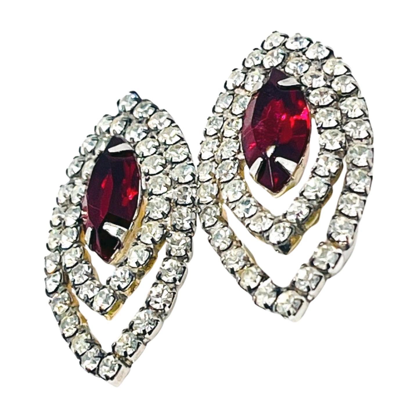 Marquise Cut Marquise Double Halo Elipse Earrings, Garnet Crystal Rhinestone with CZ Halo For Sale