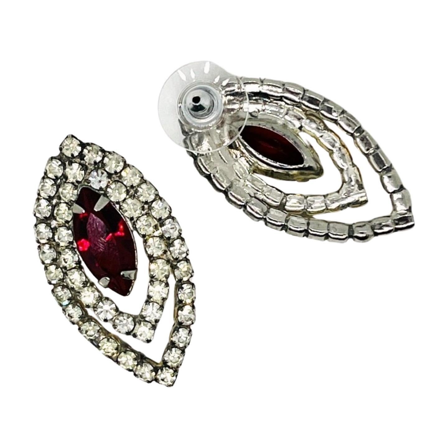 Marquise Double Halo Elipse Earrings, Garnet Crystal Rhinestone with CZ Halo In Good Condition For Sale In Lynnwood, WA