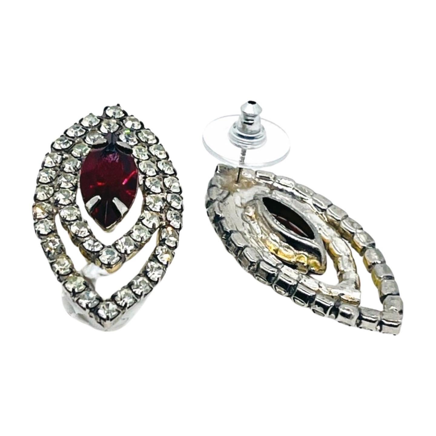 Women's Marquise Double Halo Elipse Earrings, Garnet Crystal Rhinestone with CZ Halo For Sale