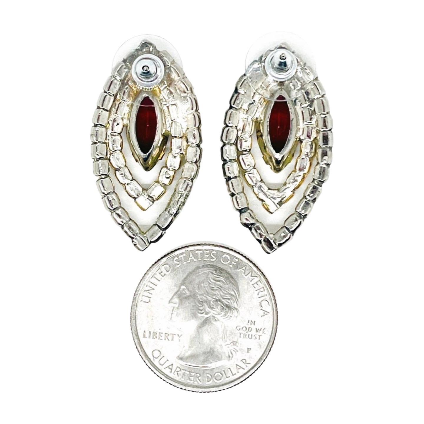 Marquise Double Halo Elipse Earrings, Garnet Crystal Rhinestone with CZ Halo For Sale 1