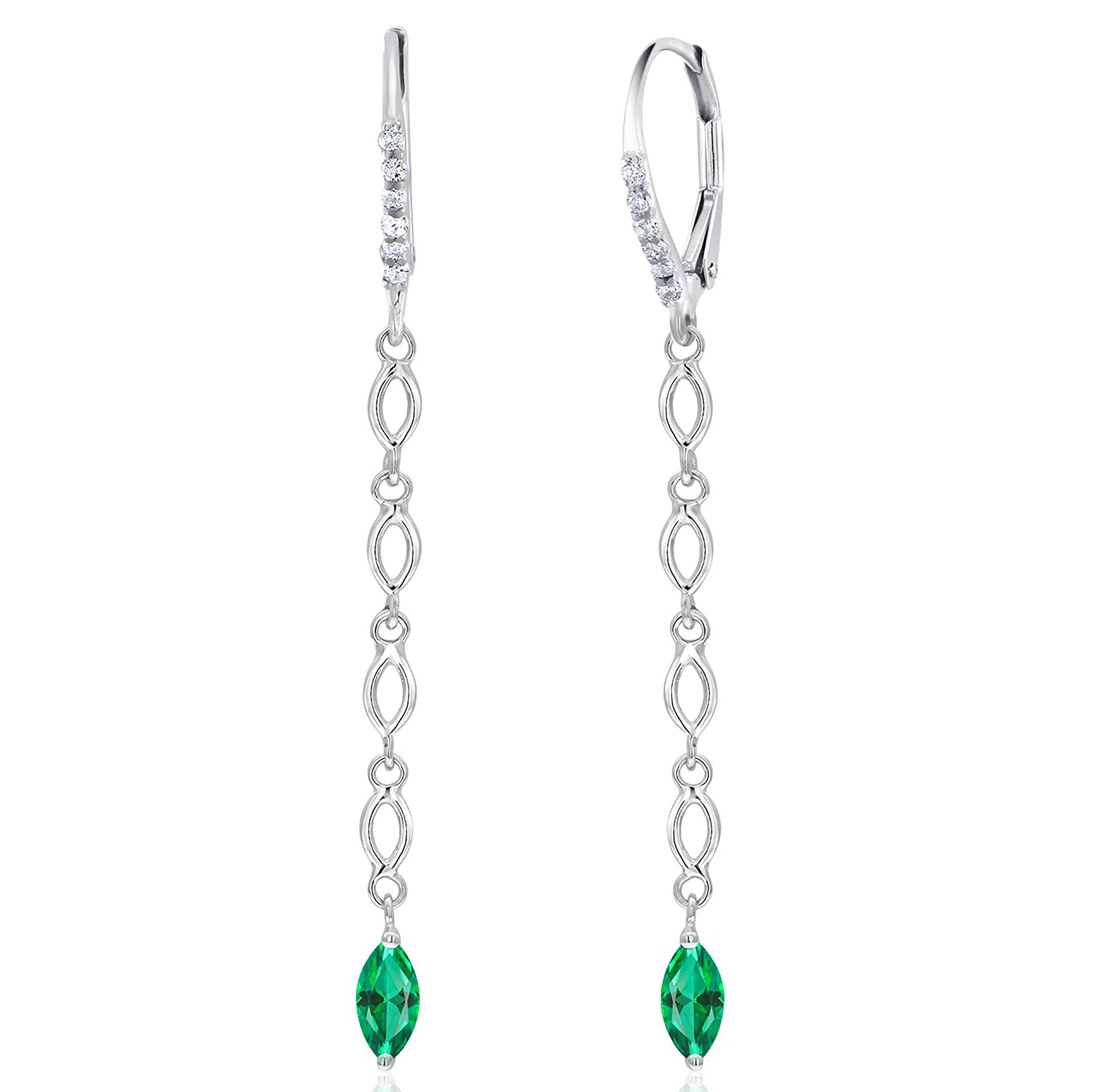 Fourteen karats white gold diamond and emerald drop hoop earrings 
Two marquise emeralds weighing 0.90 carat
Diamond hoops weighing 0.25
Emerald quality bright and vivid green
New Earrings
Handmade in the USA
One of a kind earrings 
Fourteen karat