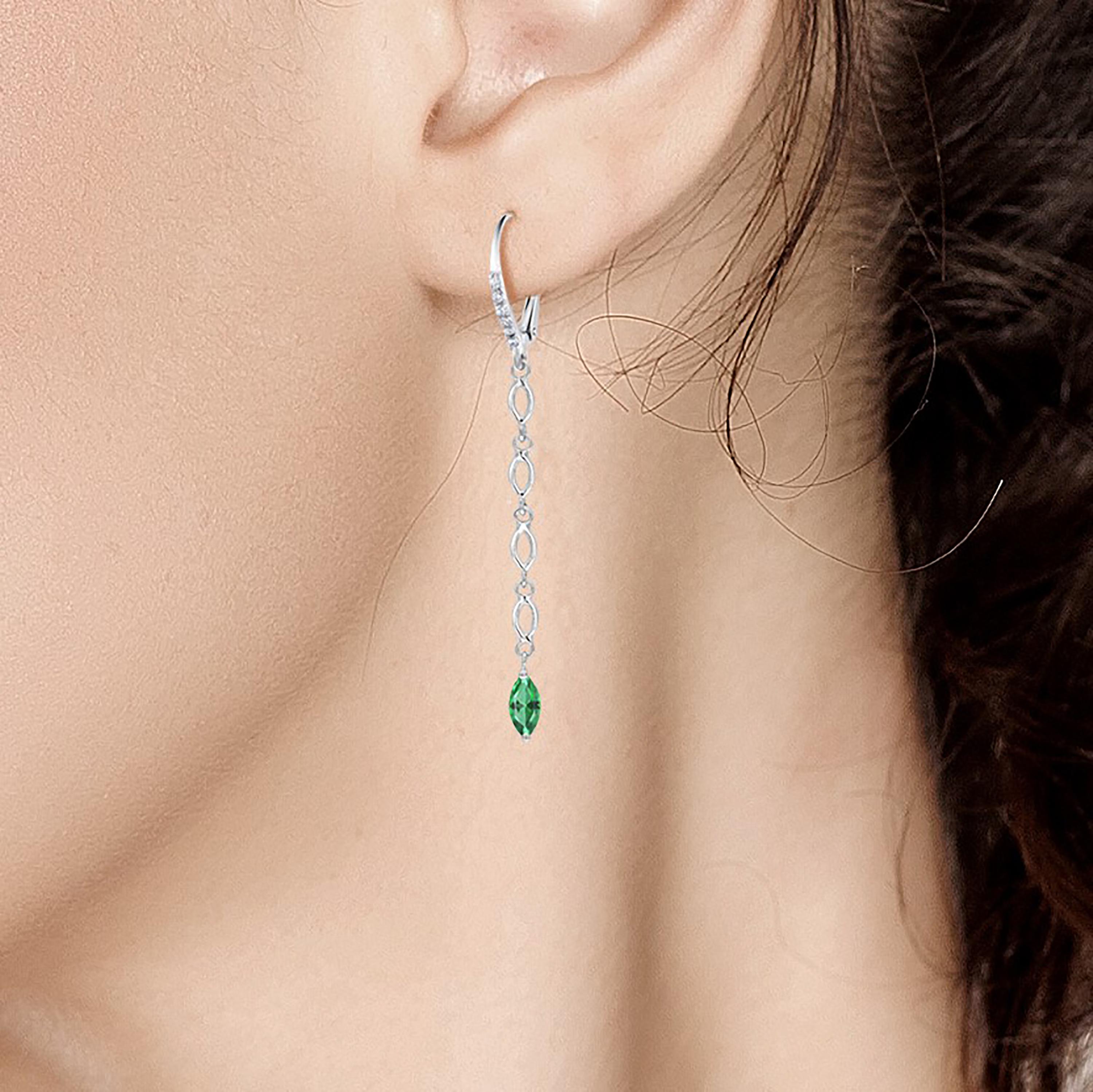 Modern Marquise Emerald and Diamond White Gold Drop Hoop Earrings