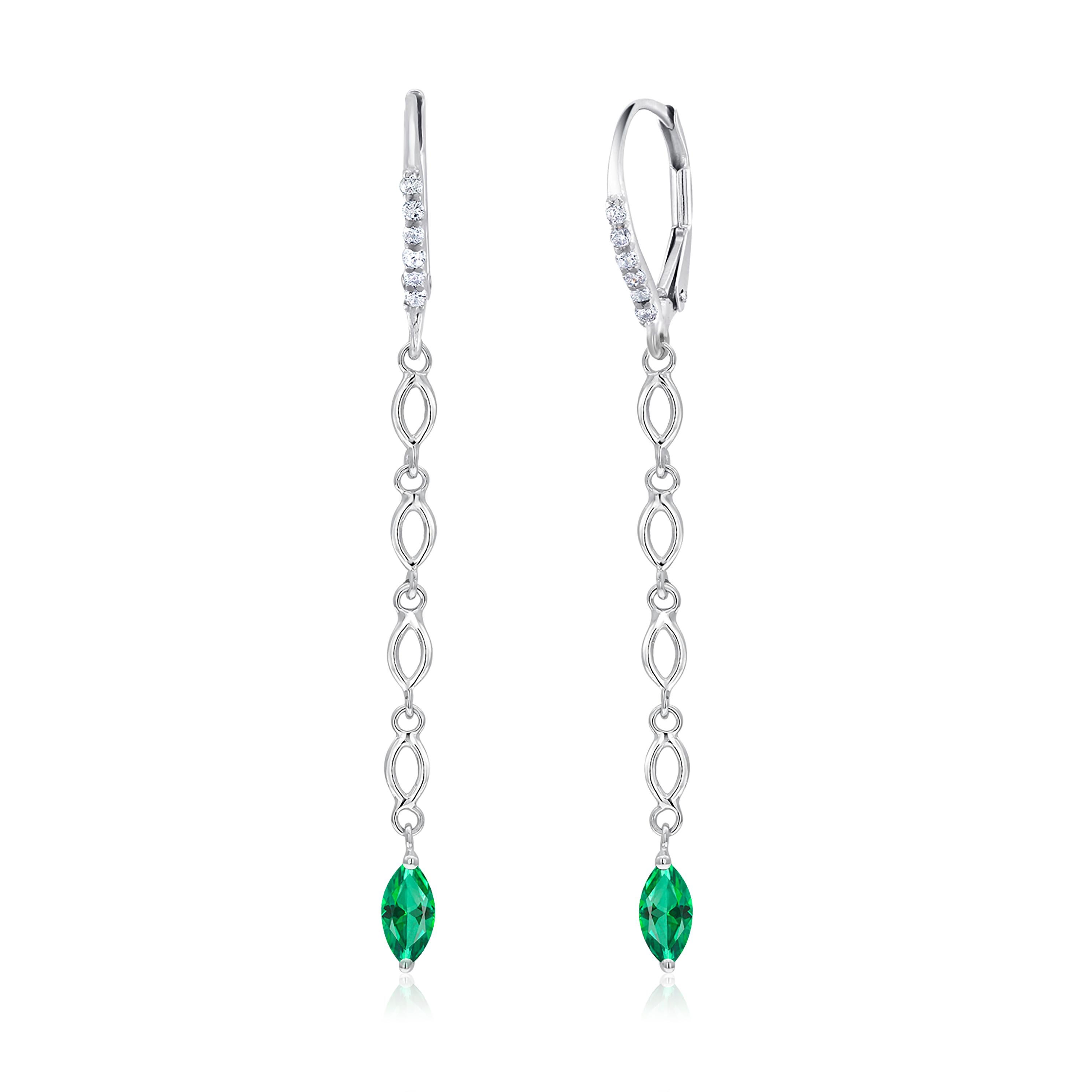 Marquise Emerald and Diamond White Gold Drop Hoop Earrings In New Condition In New York, NY