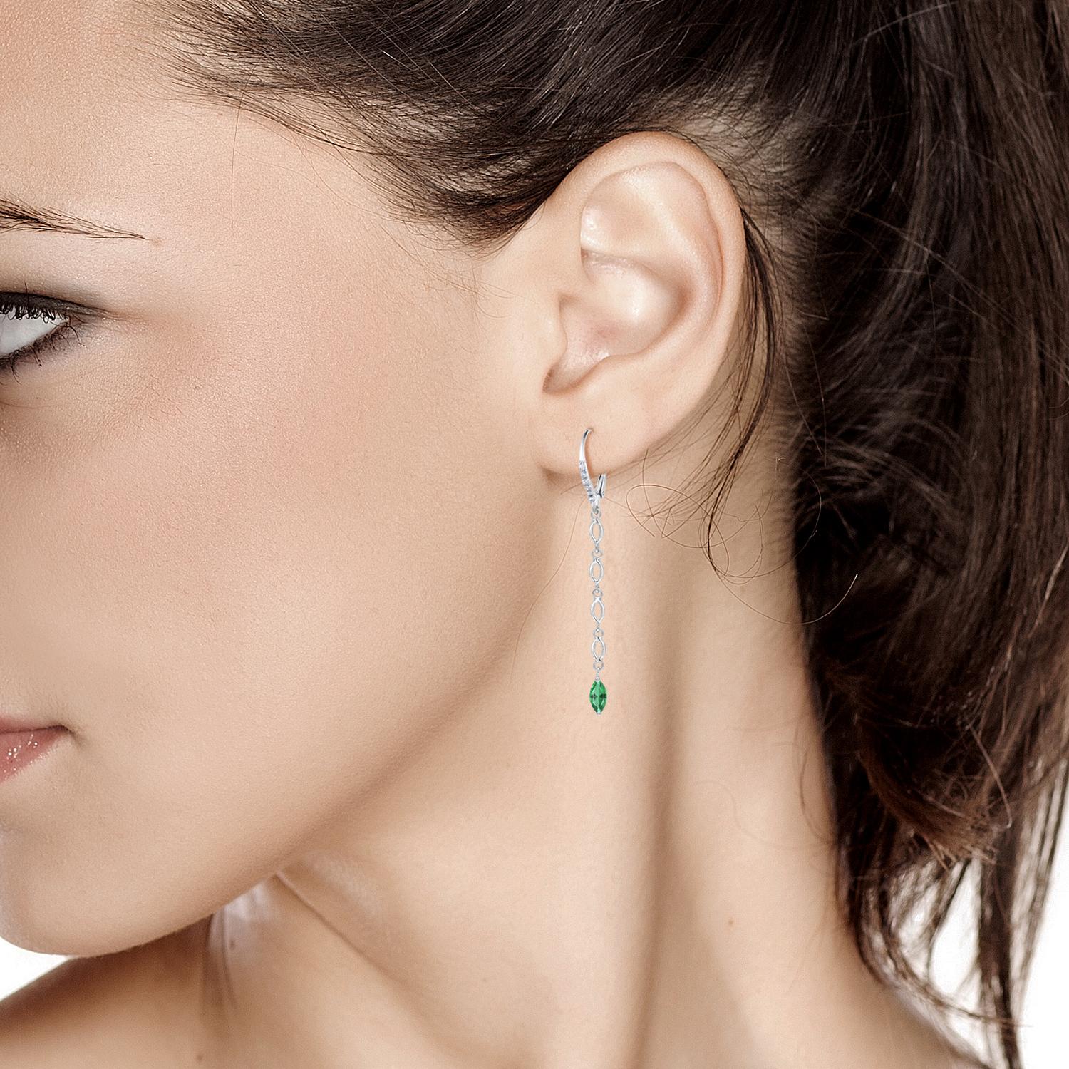 Women's Marquise Emerald and Diamond White Gold Drop Hoop Earrings