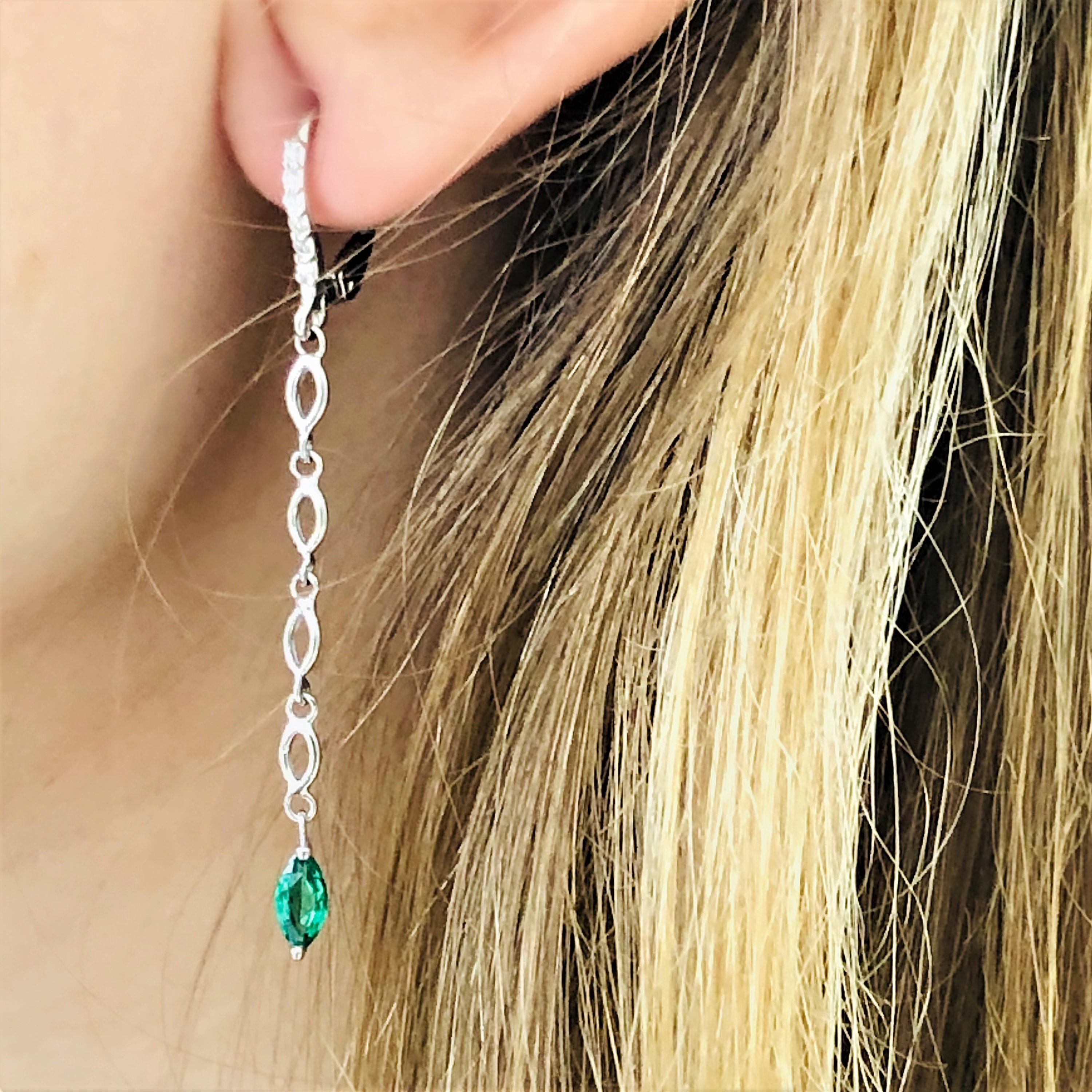 Marquise Cut Marquise Emerald and Diamond White Gold Drop Hoop Earrings
