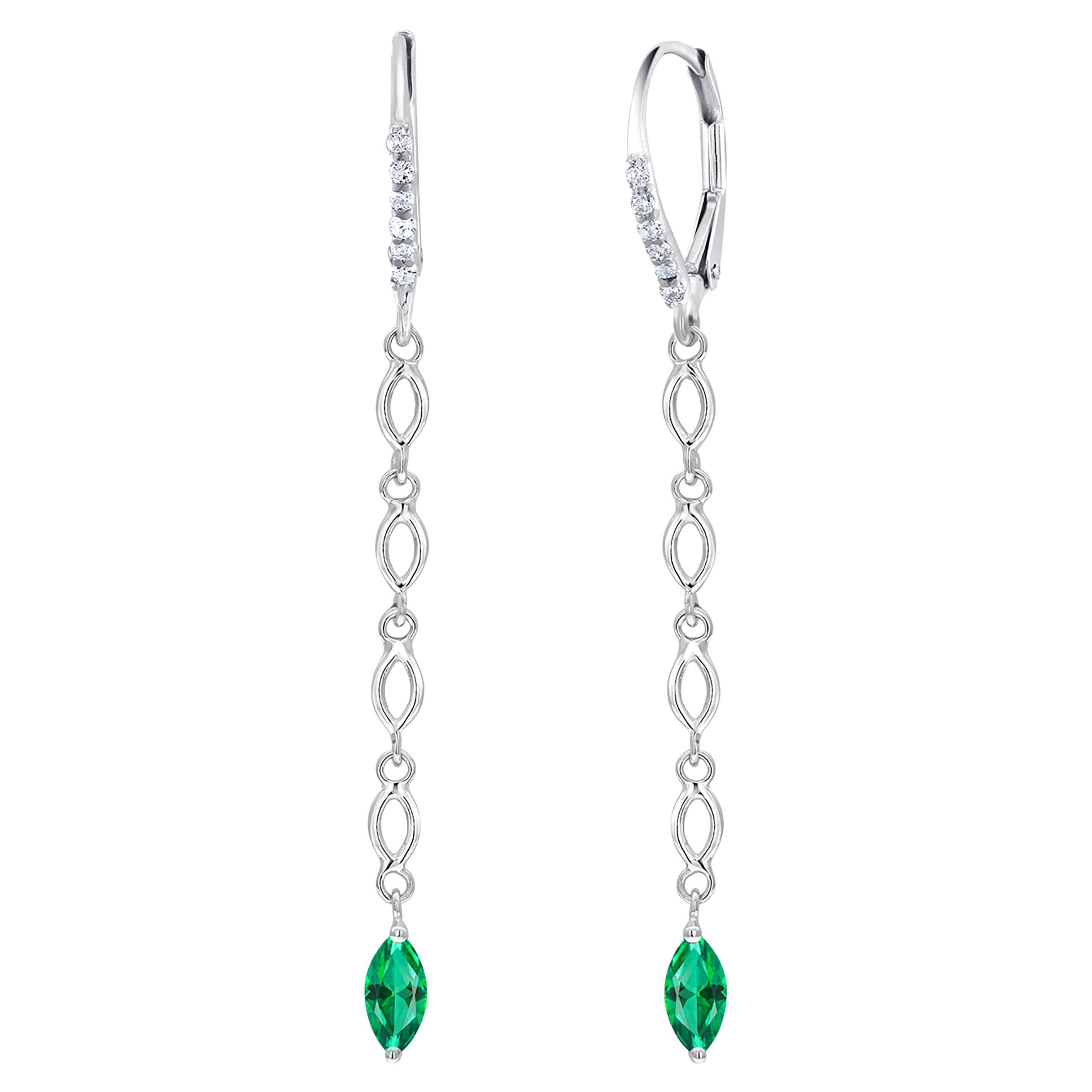 Marquise Emerald and Diamond White Gold Drop Hoop Earrings