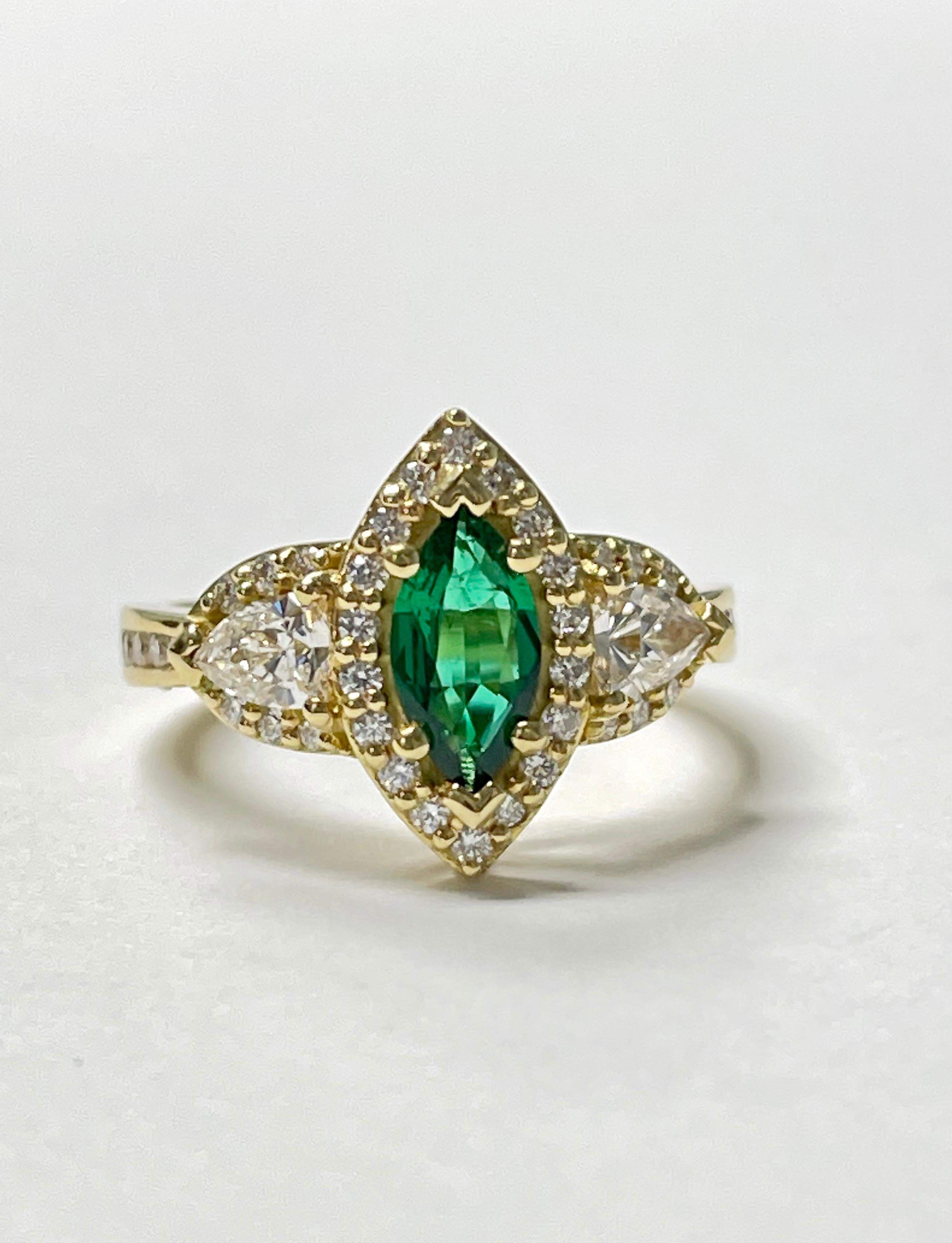 Marquise Emerald and Diamond Engagement Ring in 18K Yellow Gold In New Condition For Sale In New York, NY