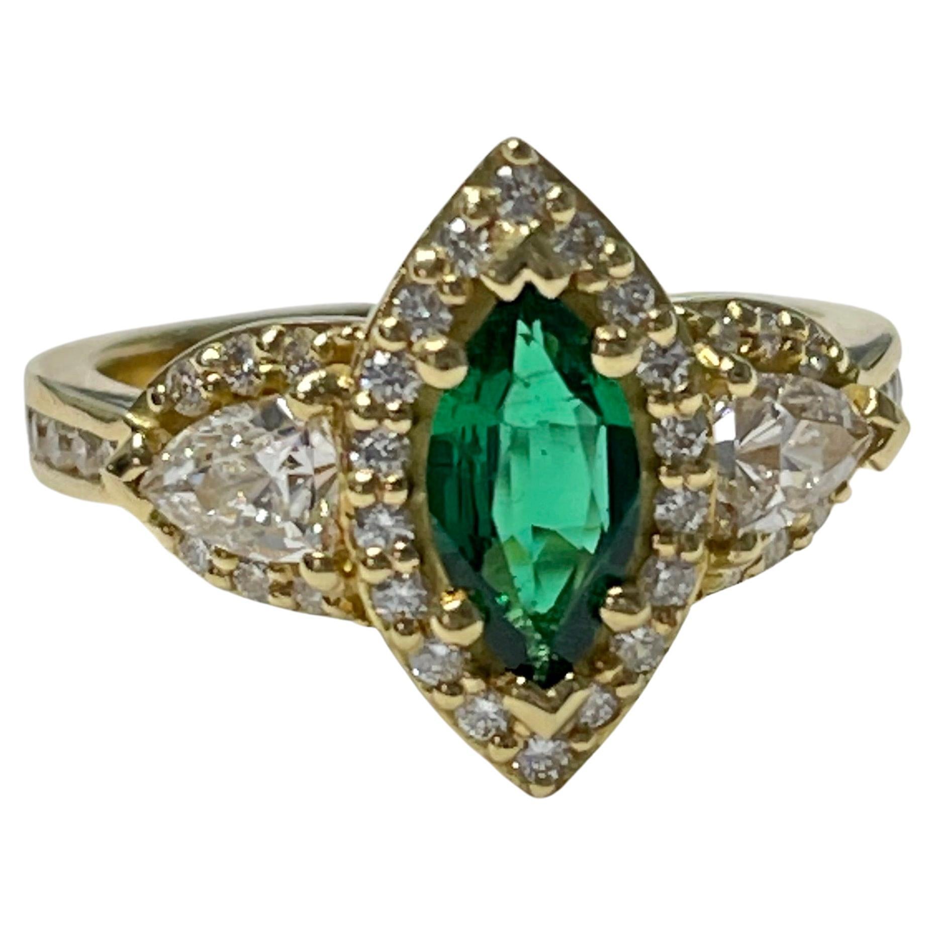 Marquise Emerald and Diamond Engagement Ring in 18K Yellow Gold For Sale
