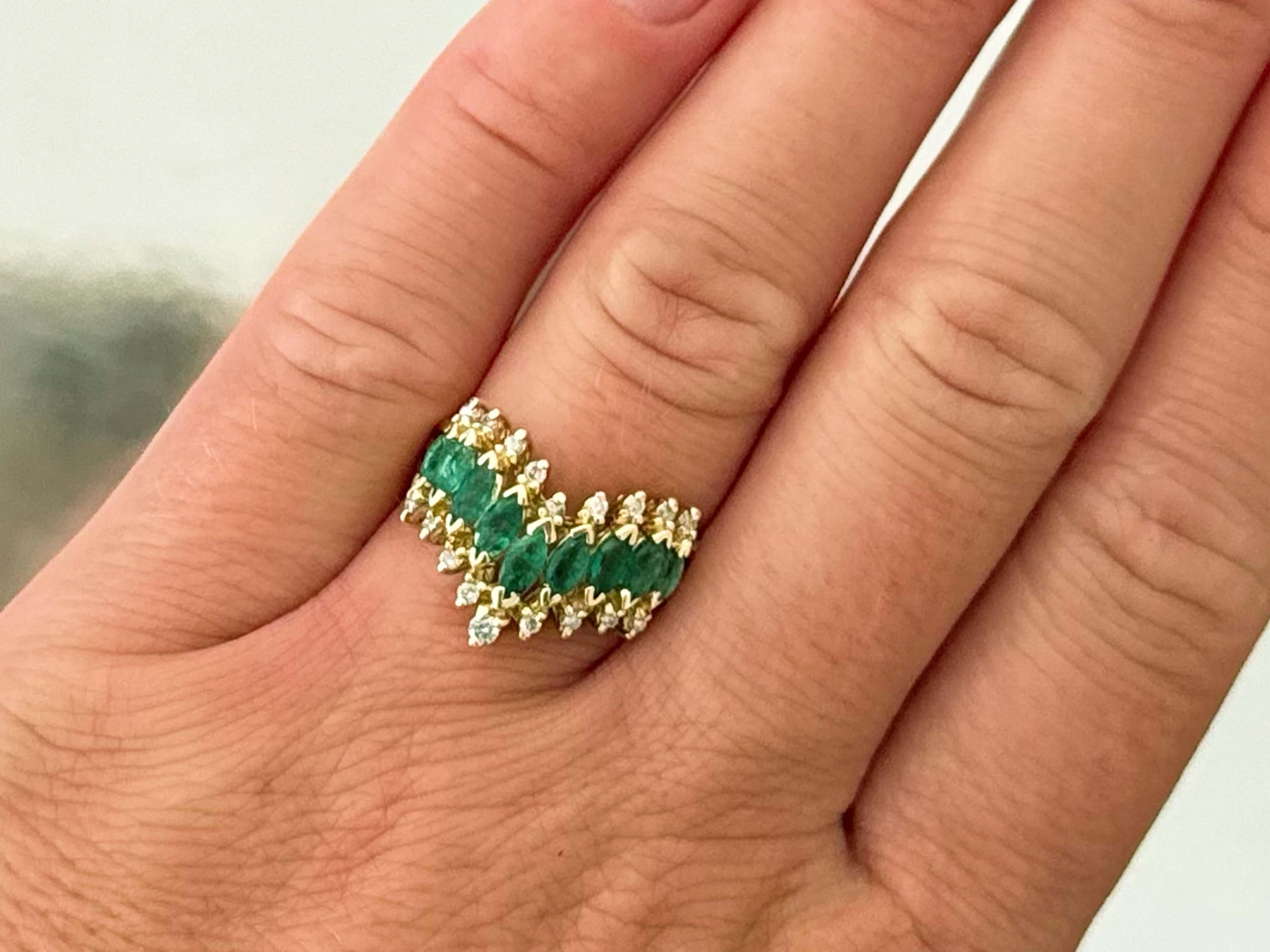Item Specifications:

Metal: 14k Yellow Gold

Ring Size: 7 (resizing available for a fee)

Total Weight: 4.3 Grams

Diamond Count: 18 brilliant cut diamonds

Diamond Color: H-J

Diamond Clarity: S12-12

Gemstone Specifications:

Gemstones: 9 green