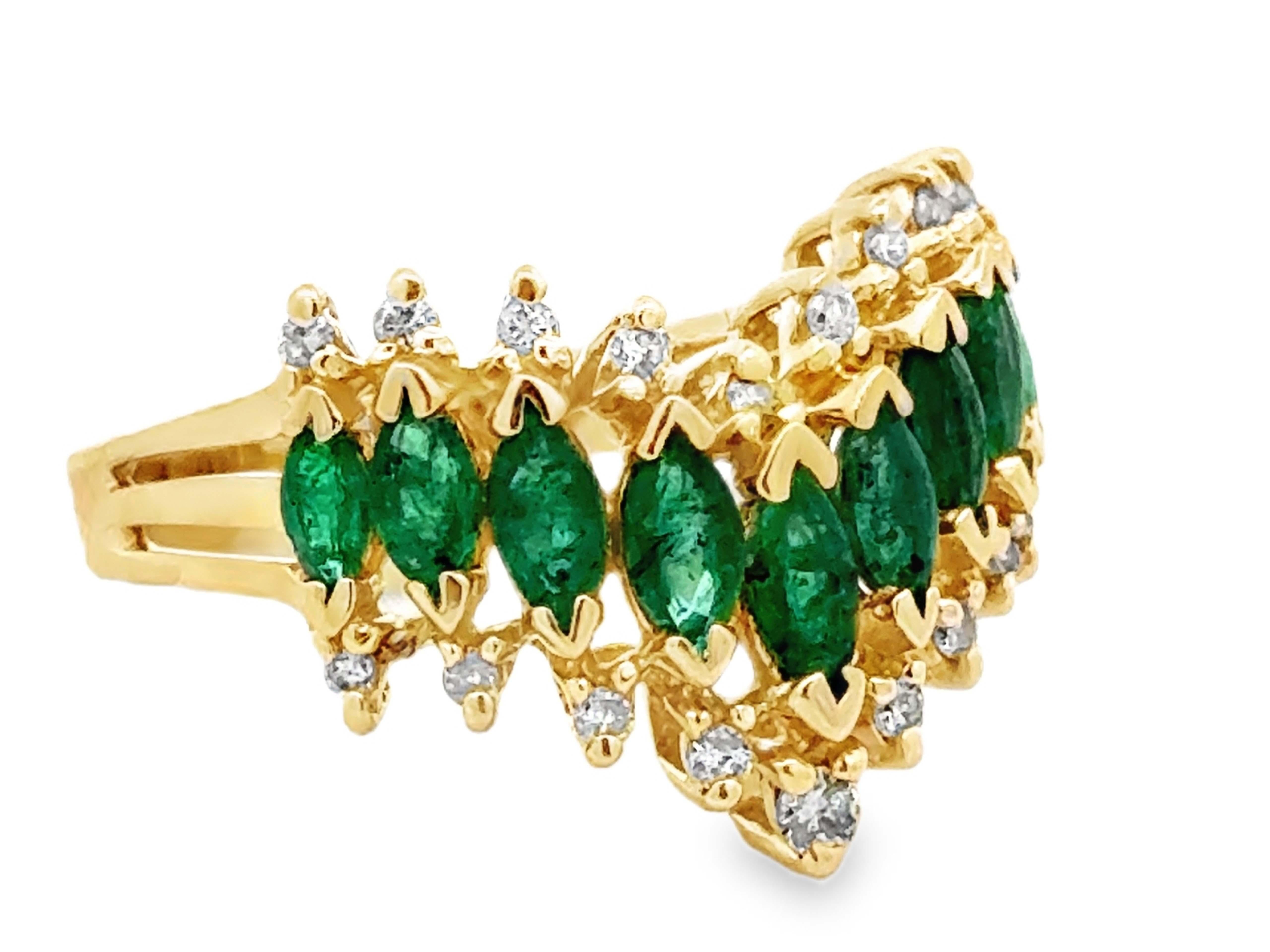Modern Marquise Emerald and Diamond V-Shaped Ring 14k Yellow Gold For Sale