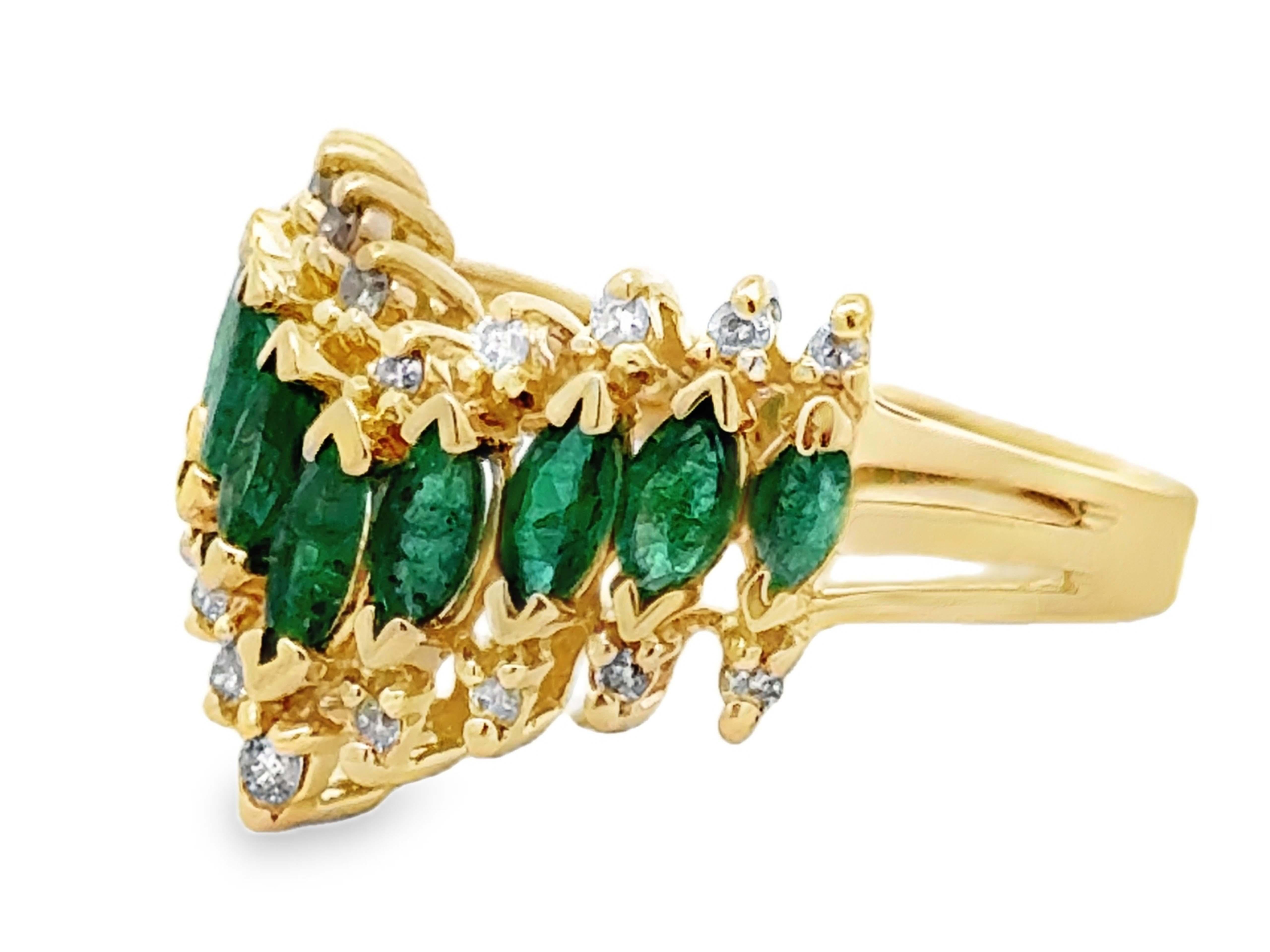 Marquise Cut Marquise Emerald and Diamond V-Shaped Ring 14k Yellow Gold For Sale