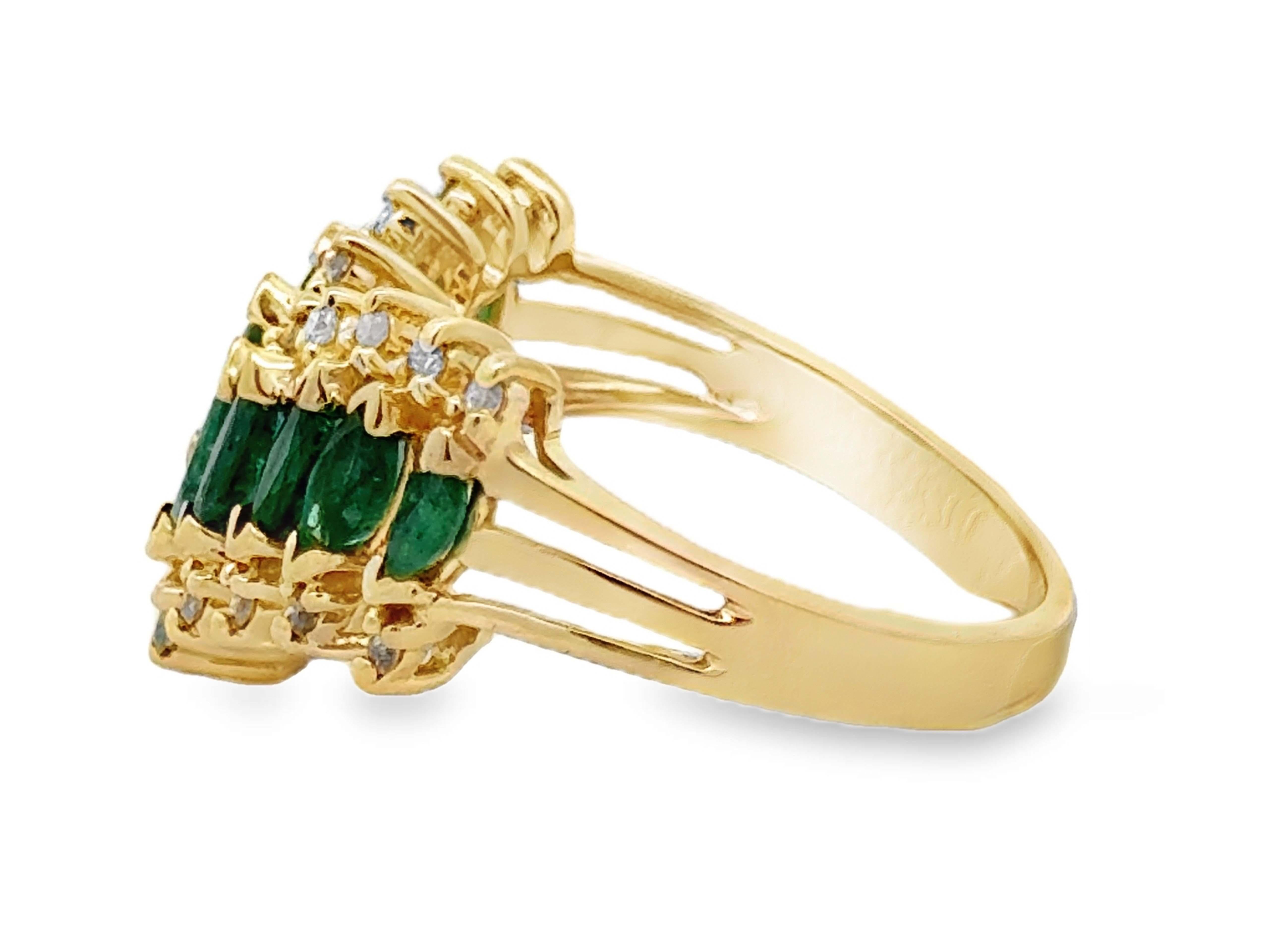 Women's or Men's Marquise Emerald and Diamond V-Shaped Ring 14k Yellow Gold For Sale