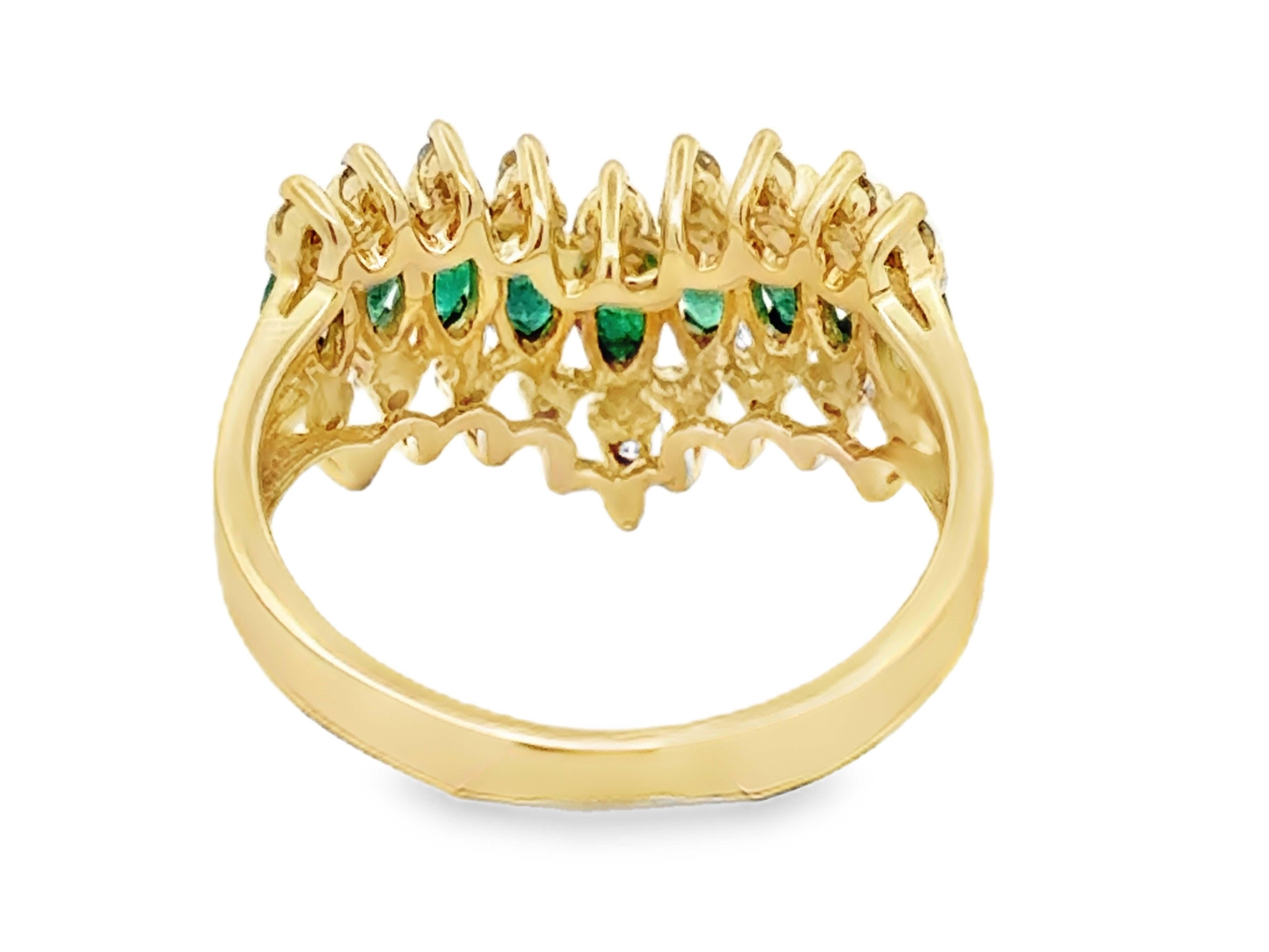 Marquise Emerald and Diamond V-Shaped Ring 14k Yellow Gold For Sale 1
