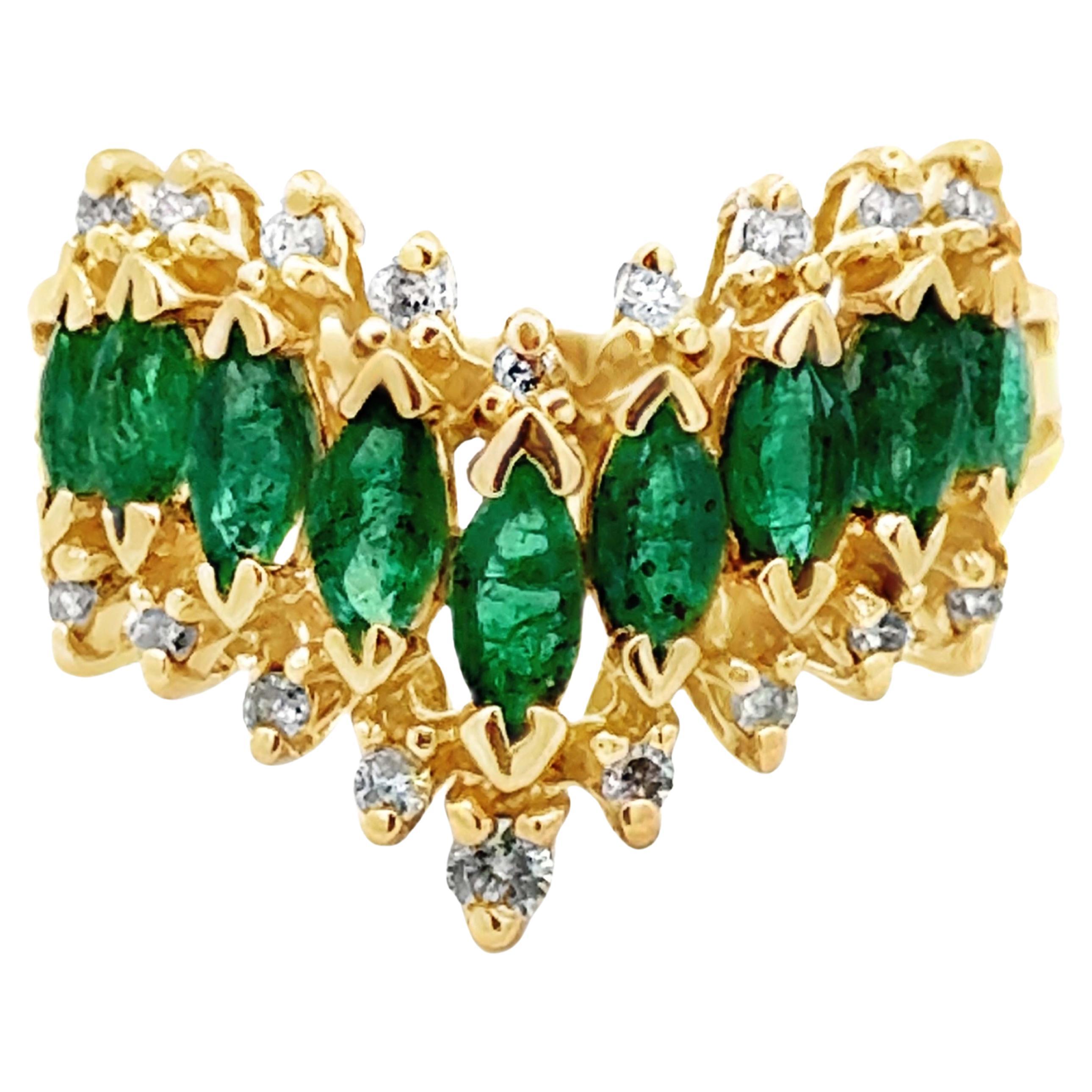 Marquise Emerald and Diamond V-Shaped Ring 14k Yellow Gold