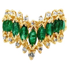 Marquise Emerald and Diamond V-Shaped Ring 14k Yellow Gold