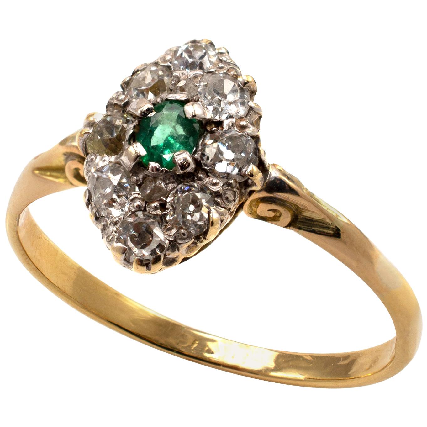 Antique 18 Karat Gold Emerald Diamond Ring, US Size 7.5