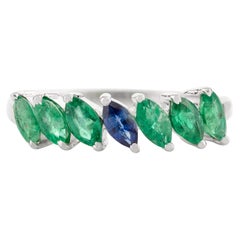 Marquise Emerald Blue Sapphire Stacking Band Ring in 14k Solid White Gold