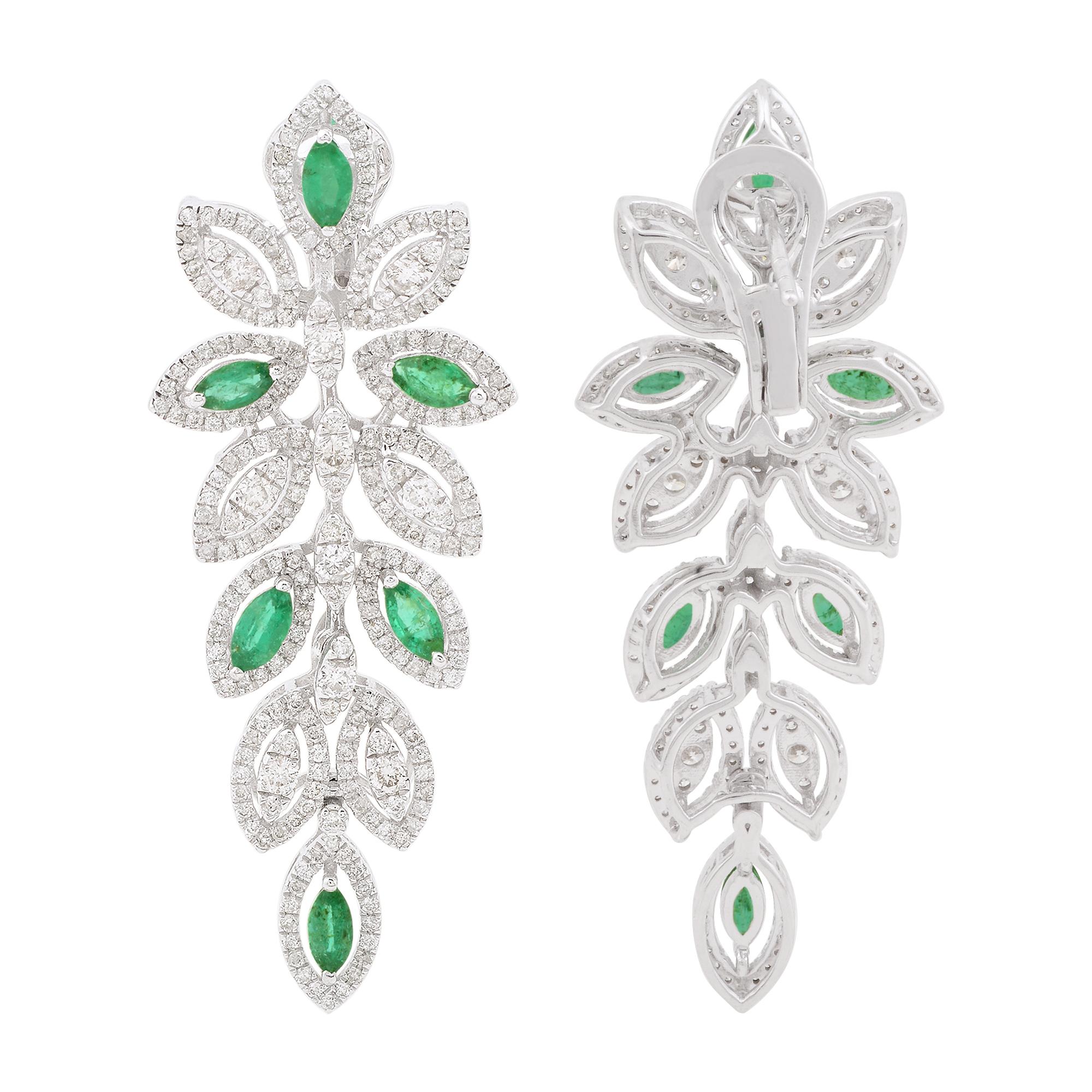 Item Code :- SFE-1067
Gross Wet. :- 15.56 gm
18k White Gold Wet :- 15.06 gm
Diamond Wet :- 1.13 Ct. ( AVERAGE DIAMOND CLARITY SI1-SI2 & COLOR H-I )
Emerald Wet :- 1.37 Ct.
Earrings Size :- 50 mm approx.

✦ Sizing
.....................
We can adjust