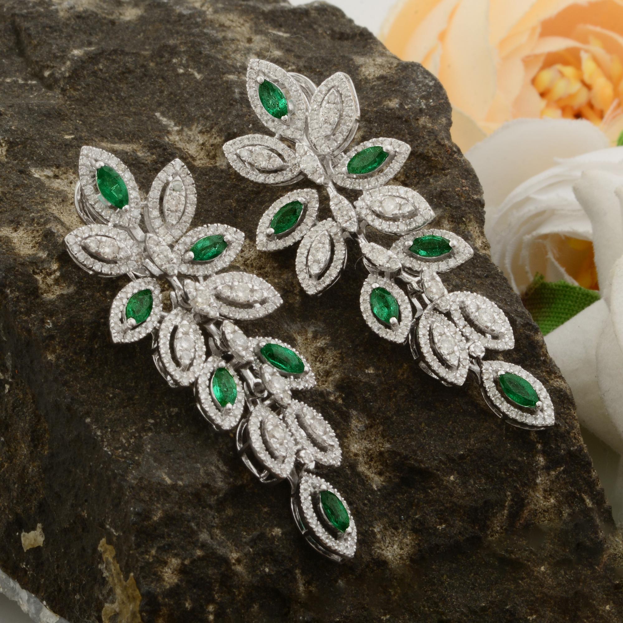 Modern Marquise Emerald Gemstone Leaf Dangle Earrings 18 Karat White Gold Fine Jewelry For Sale