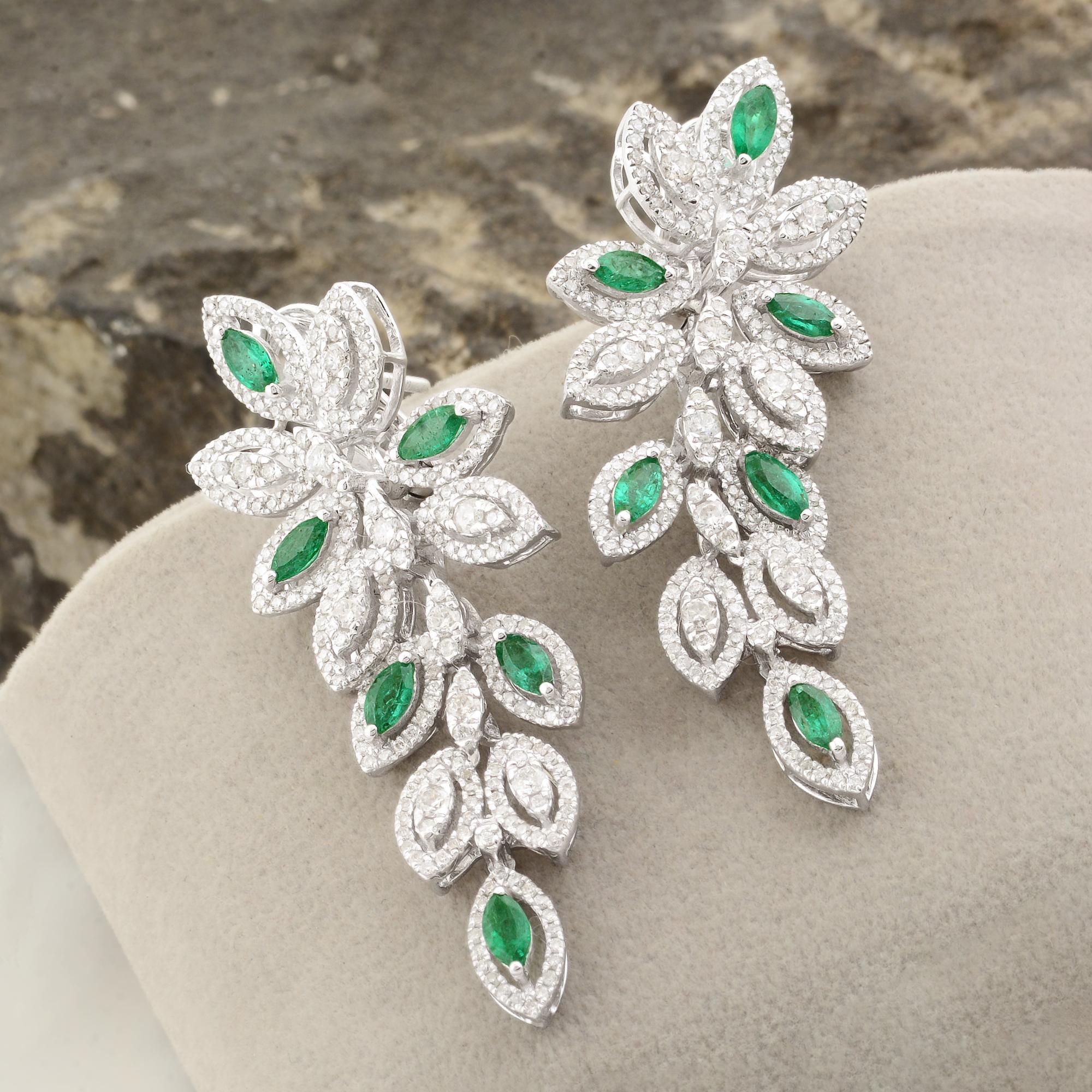 Marquise Cut Marquise Emerald Gemstone Leaf Dangle Earrings 18 Karat White Gold Fine Jewelry For Sale