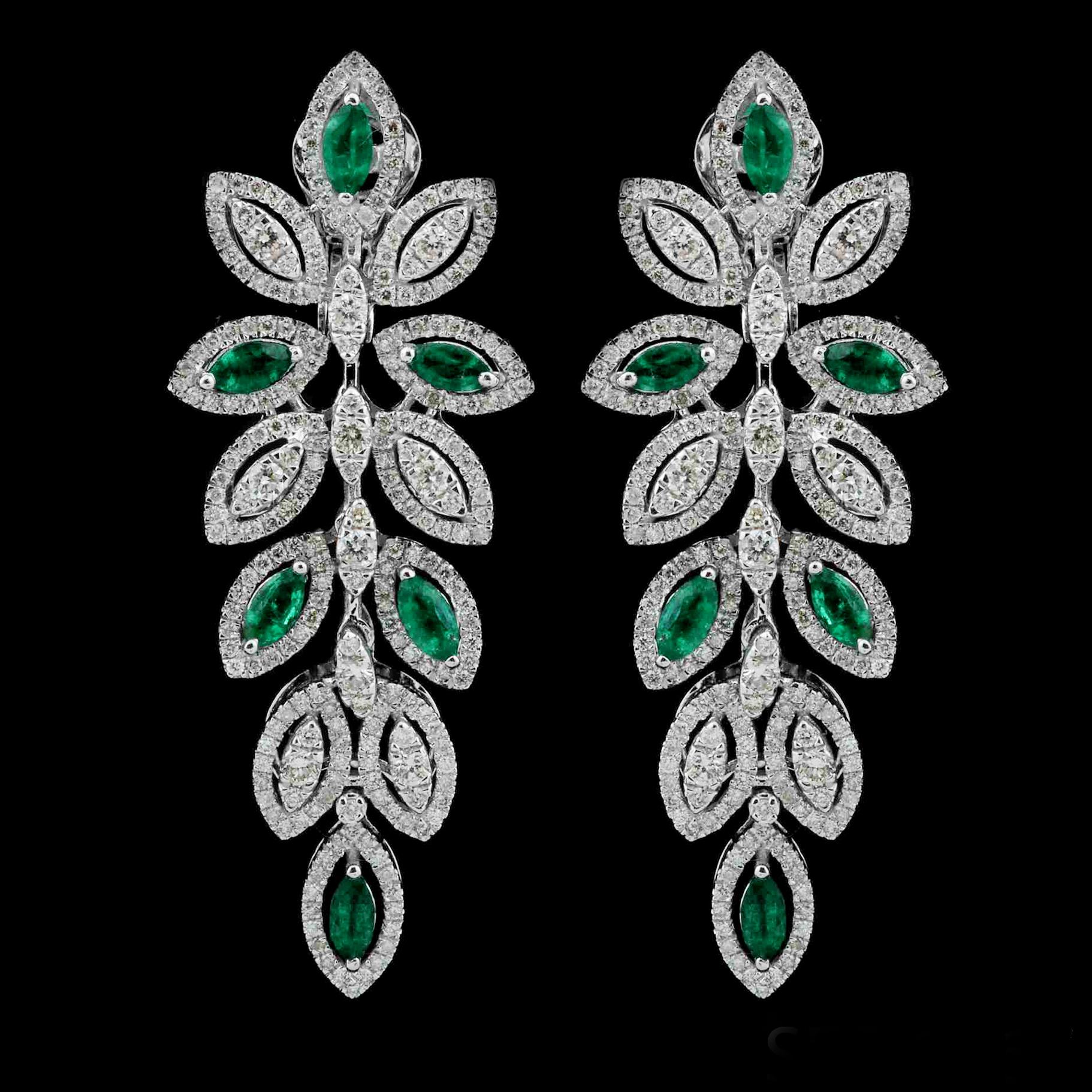 Women's Marquise Emerald Gemstone Leaf Dangle Earrings 18 Karat White Gold Fine Jewelry For Sale
