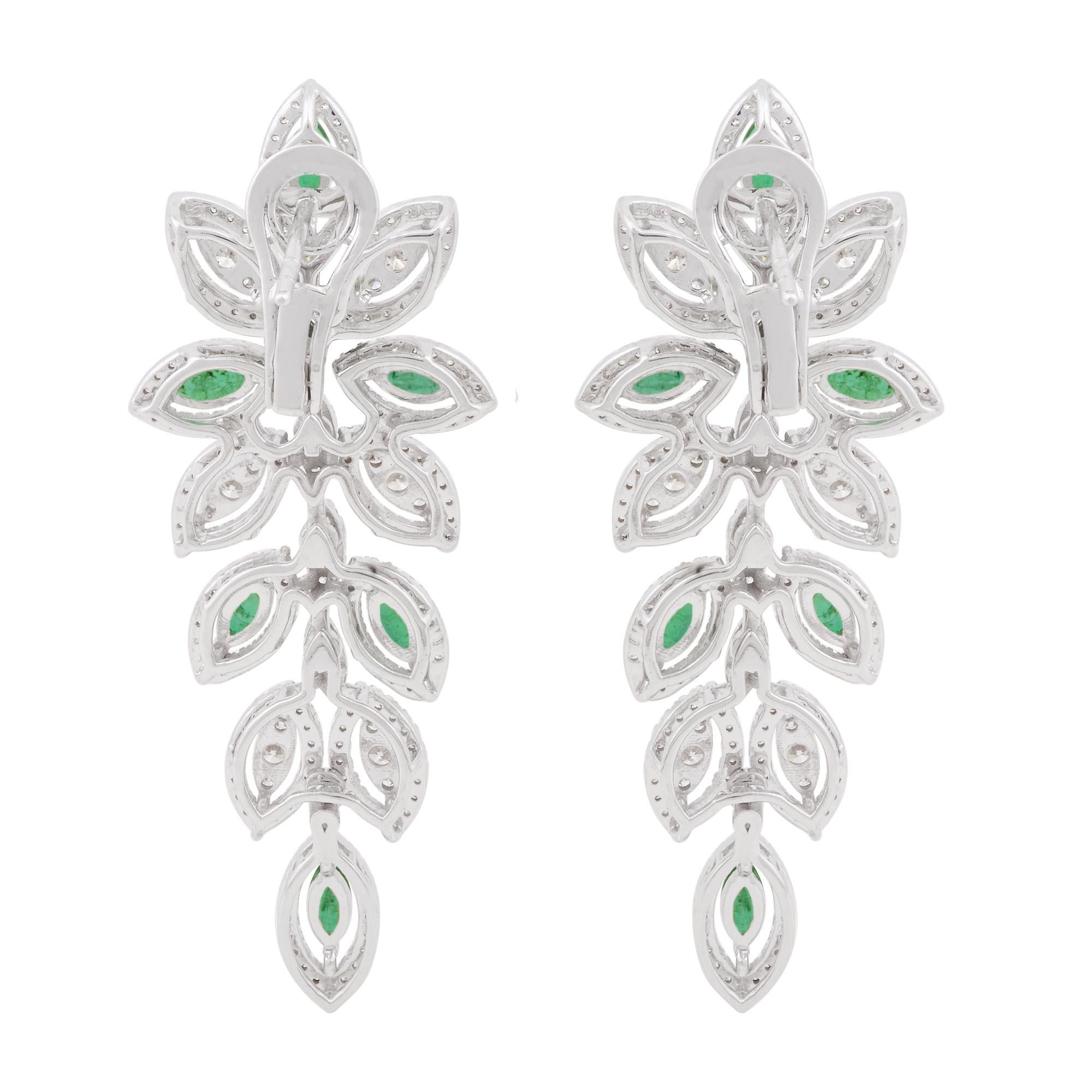 Marquise Emerald Gemstone Leaf Dangle Earrings 18 Karat White Gold Fine Jewelry For Sale 1
