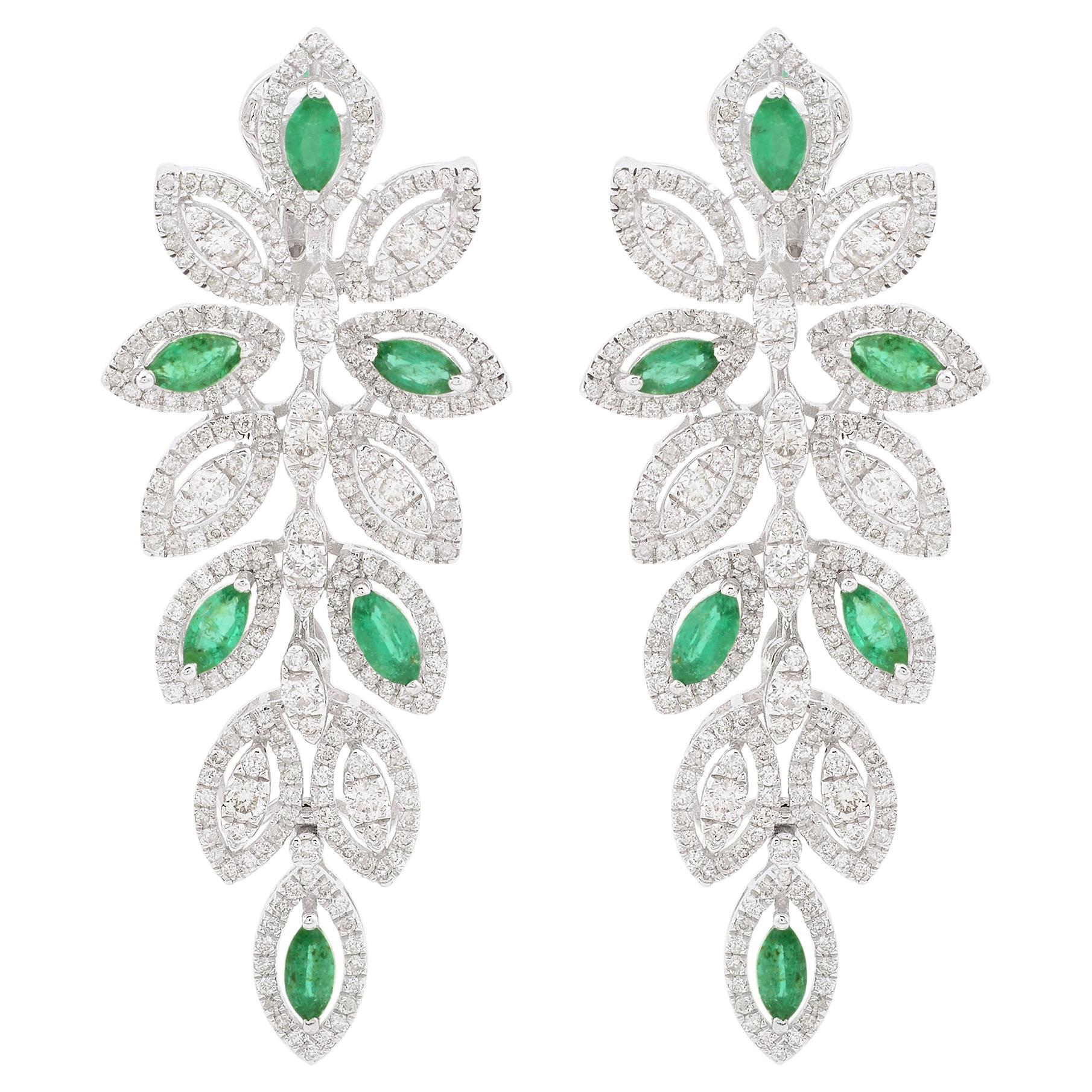 Marquise Emerald Gemstone Leaf Dangle Earrings 18 Karat White Gold Fine Jewelry
