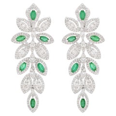 Marquise Emerald Gemstone Leaf Dangle Earrings 18 Karat White Gold Fine Jewelry