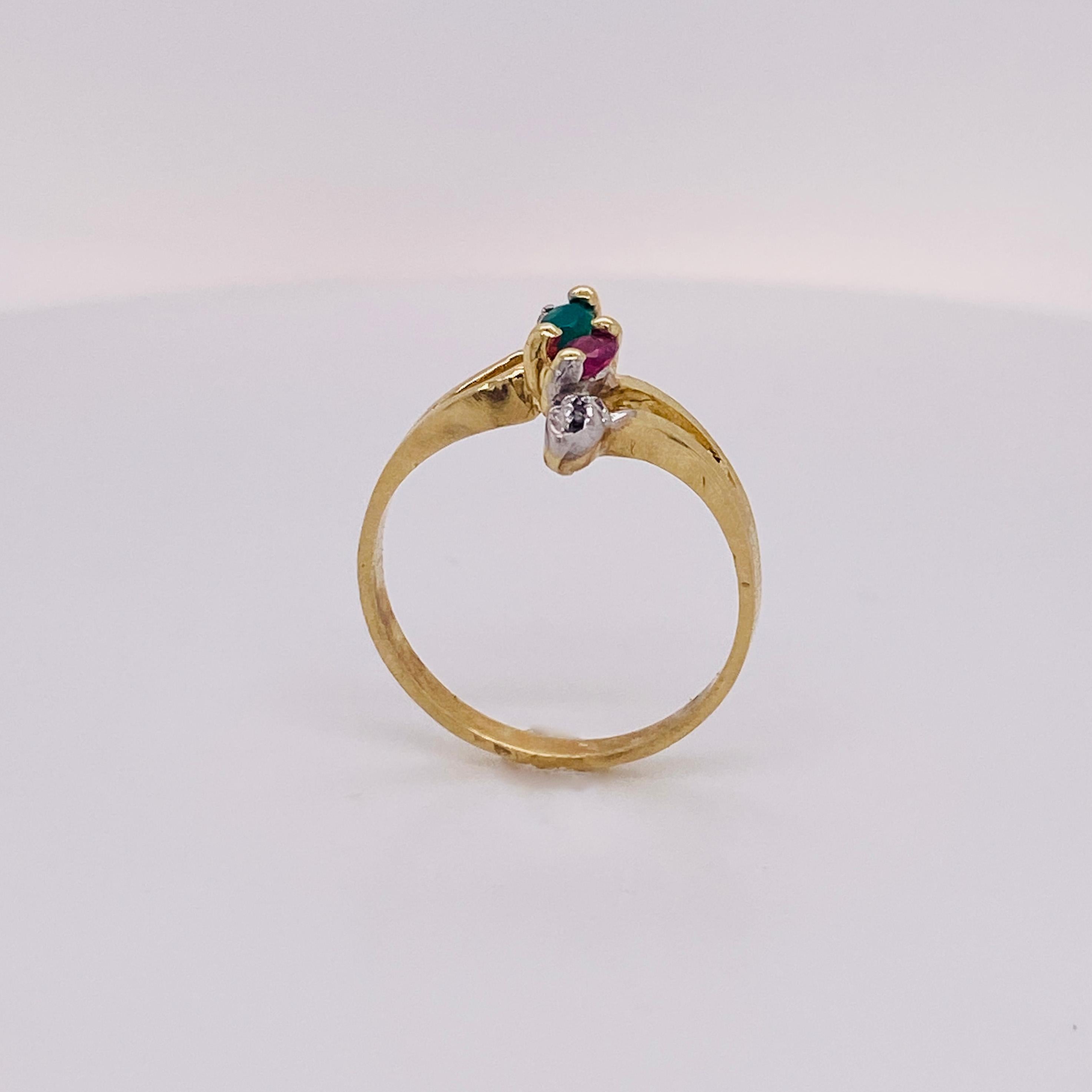 Modern Marquise Emerald Marquise Ruby Diamond Ring in 14 Karat Yellow Gold Sizable