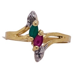 Marquise Emerald Marquise Ruby Diamond Ring in 14 Karat Yellow Gold Sizable