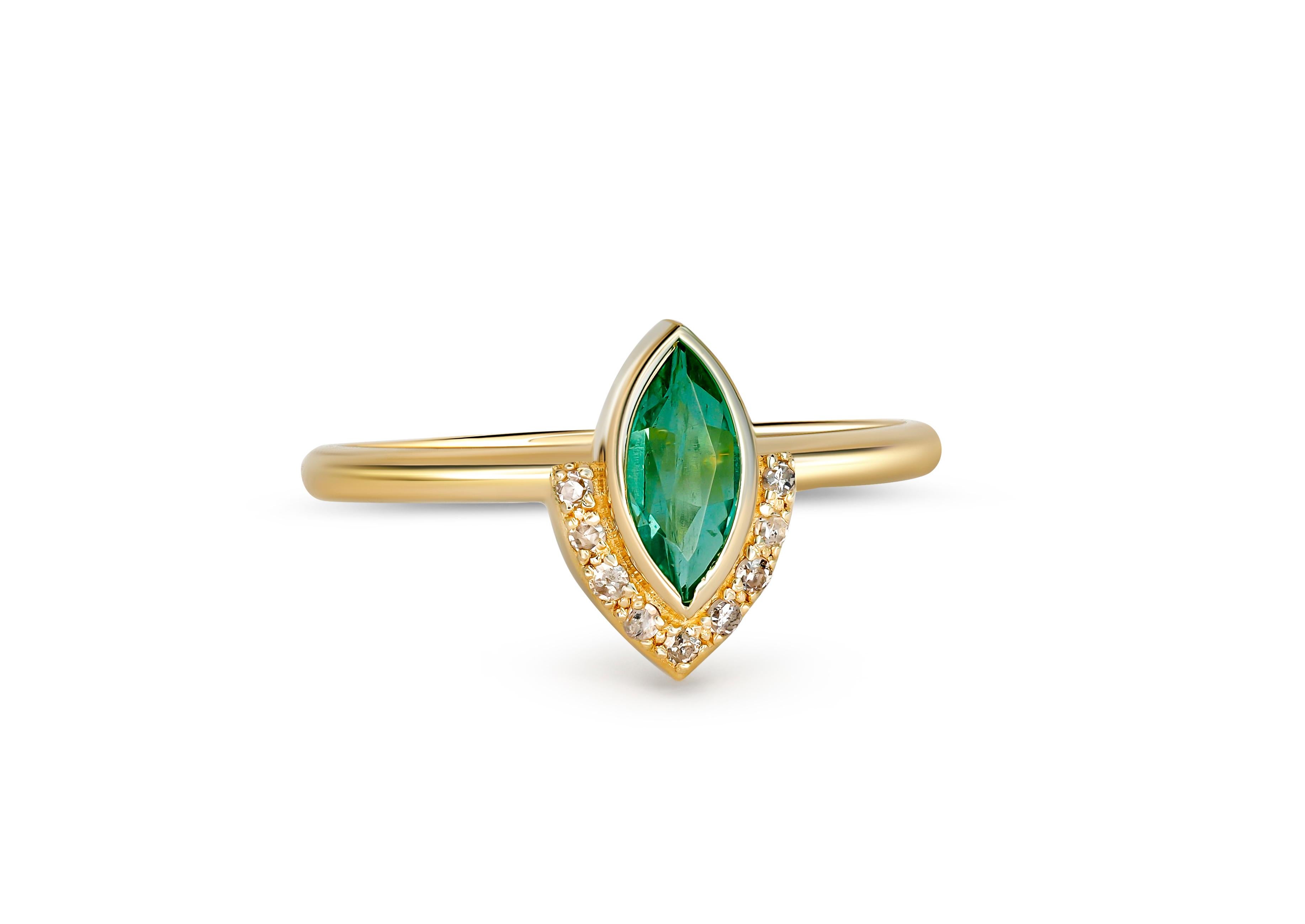 Marquise Emerald Ring. 
Natural Emerald Ring in 14k Solid Gold. Emerald engagement ring. May Birthstone. Gemstone Ring. Statement ring.

Metal: 14k gold
Weight: 1.75 g. depends from size.

Set with emerald, color - green
Marquise cut, 0.70 ct. in