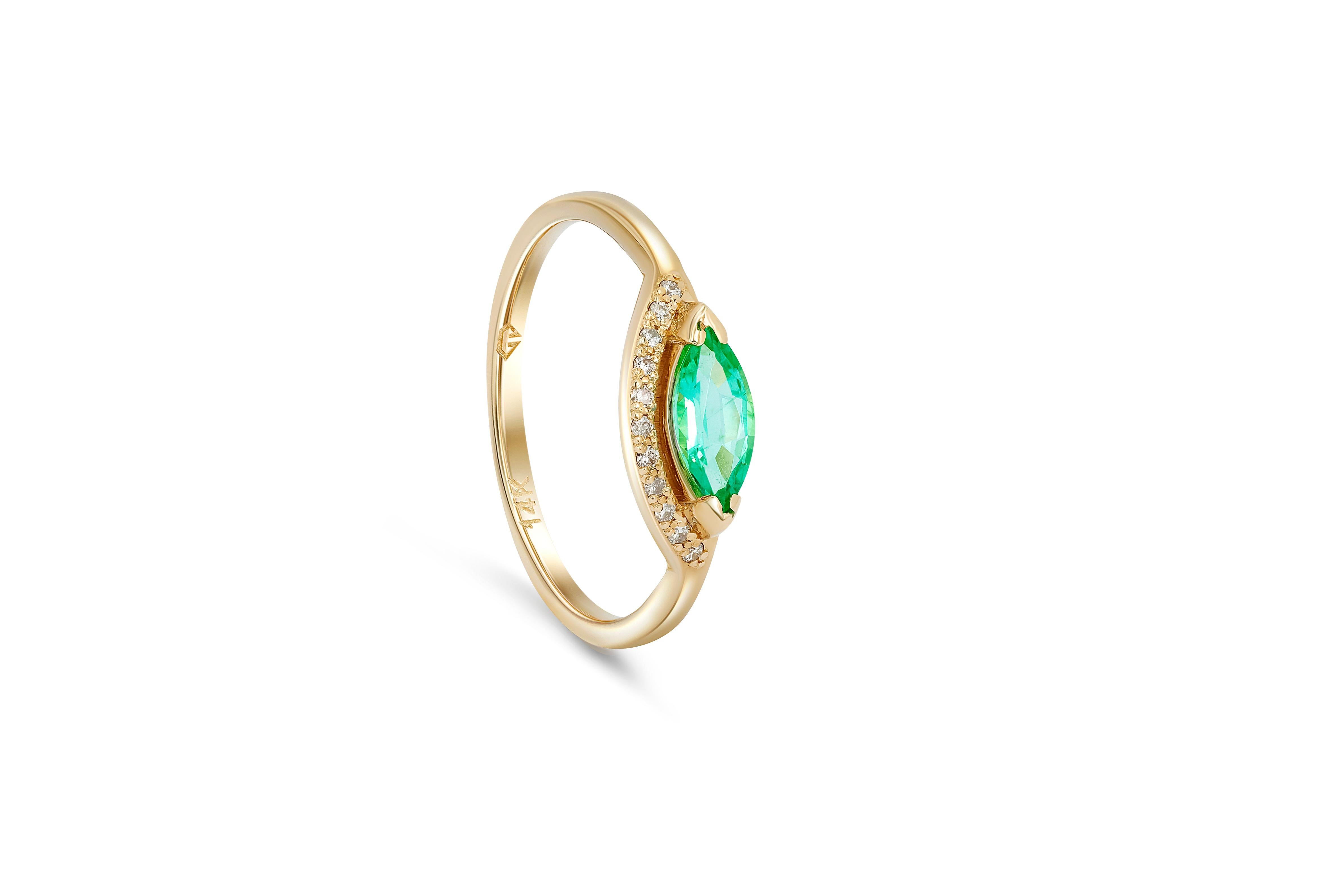 Marquise Emerald Ring. 
Emerald Ring in 14k Gold. Emerald engagement ring. May Birthstone. Emerald gold ring. Statement gemstone ring. 

Metal: 14k gold
Weight: 2.03 g. depends from size.

Set with emerald , color - green
Marquise cut, 0.70 ct. in