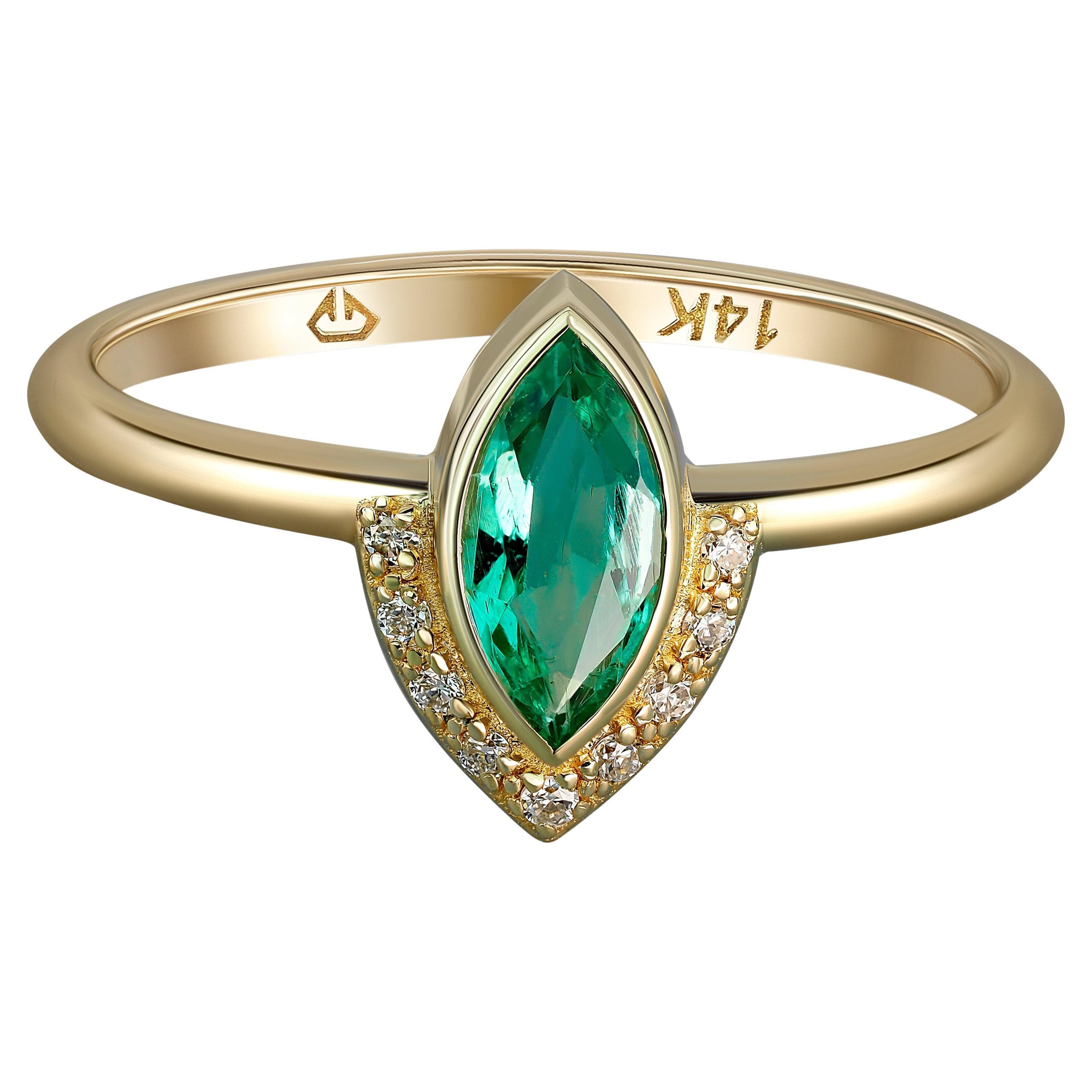Marquise Emerald Ring in 14 Karat Yellow Gold, Genuine Emerald Ring