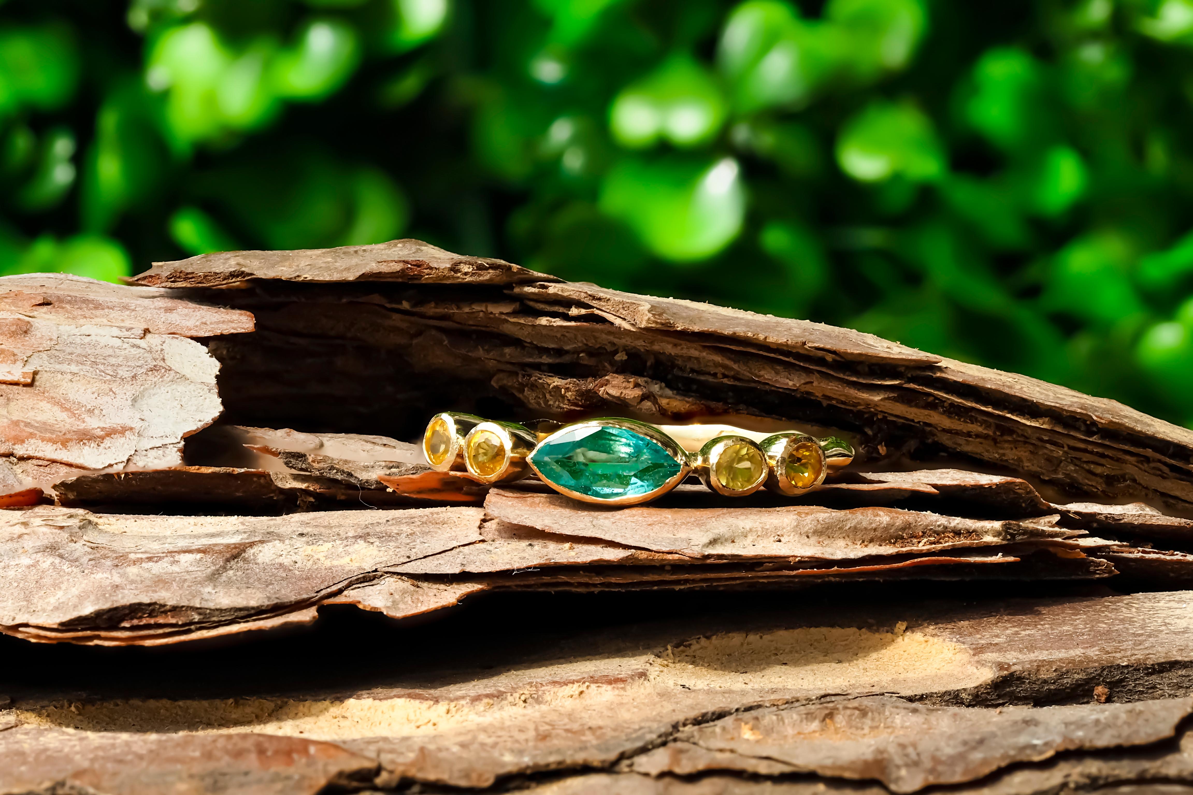 Modern Marquise Emerald Ring in 14k Gold, Emerald and Yellow Sapphire Ring