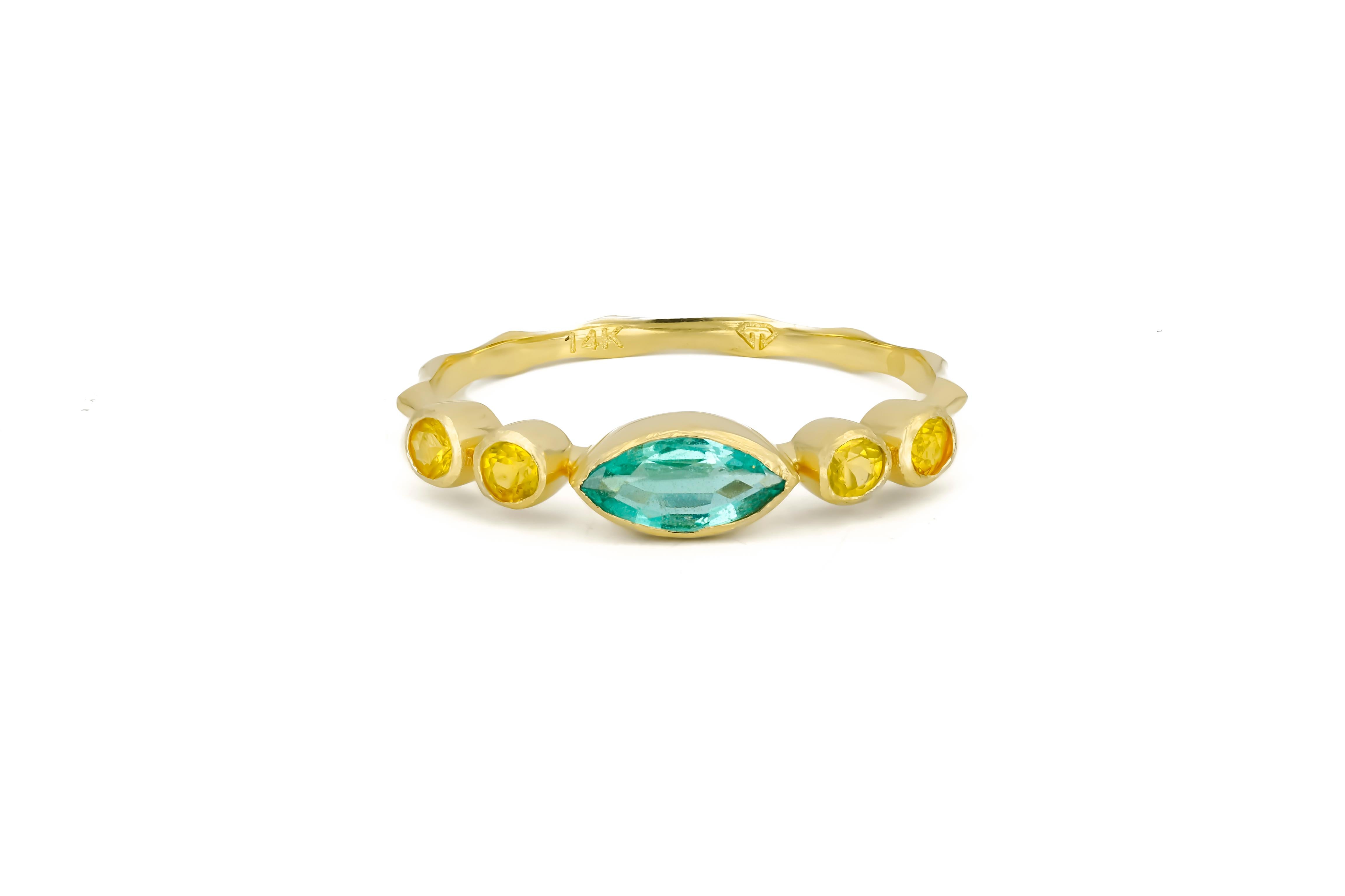 For Sale:  Marquise Emerald Ring in 14k Gold, Emerald and Yellow Sapphire Ring 4
