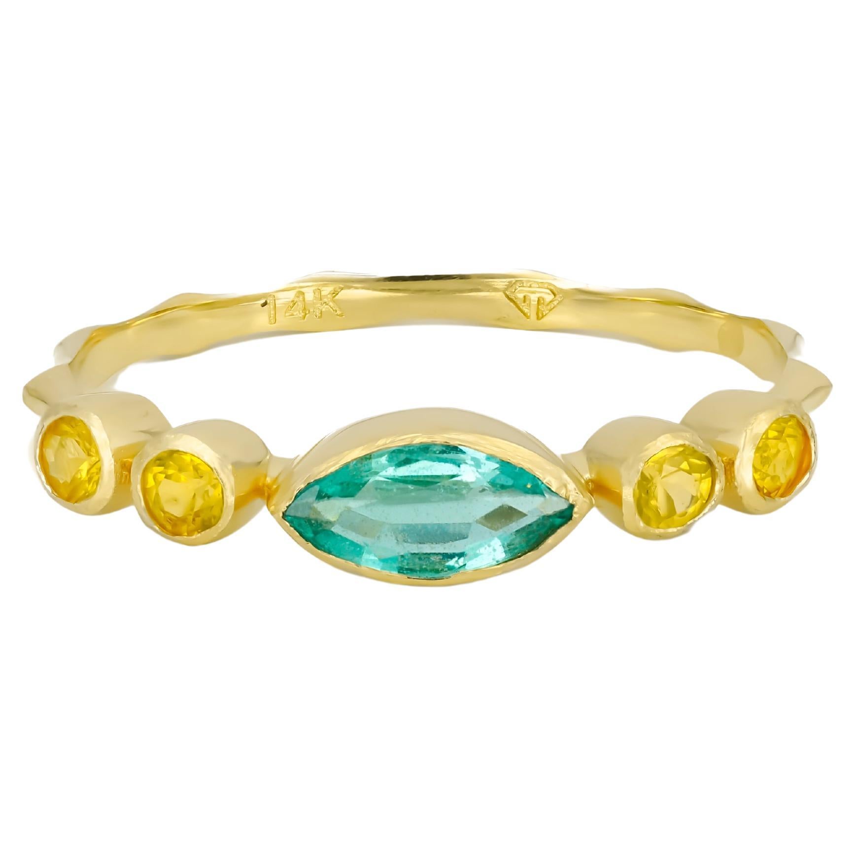 Marquise-Smaragdring aus 14 Karat Gold. Ring mit Smaragd und gelbem Saphir.