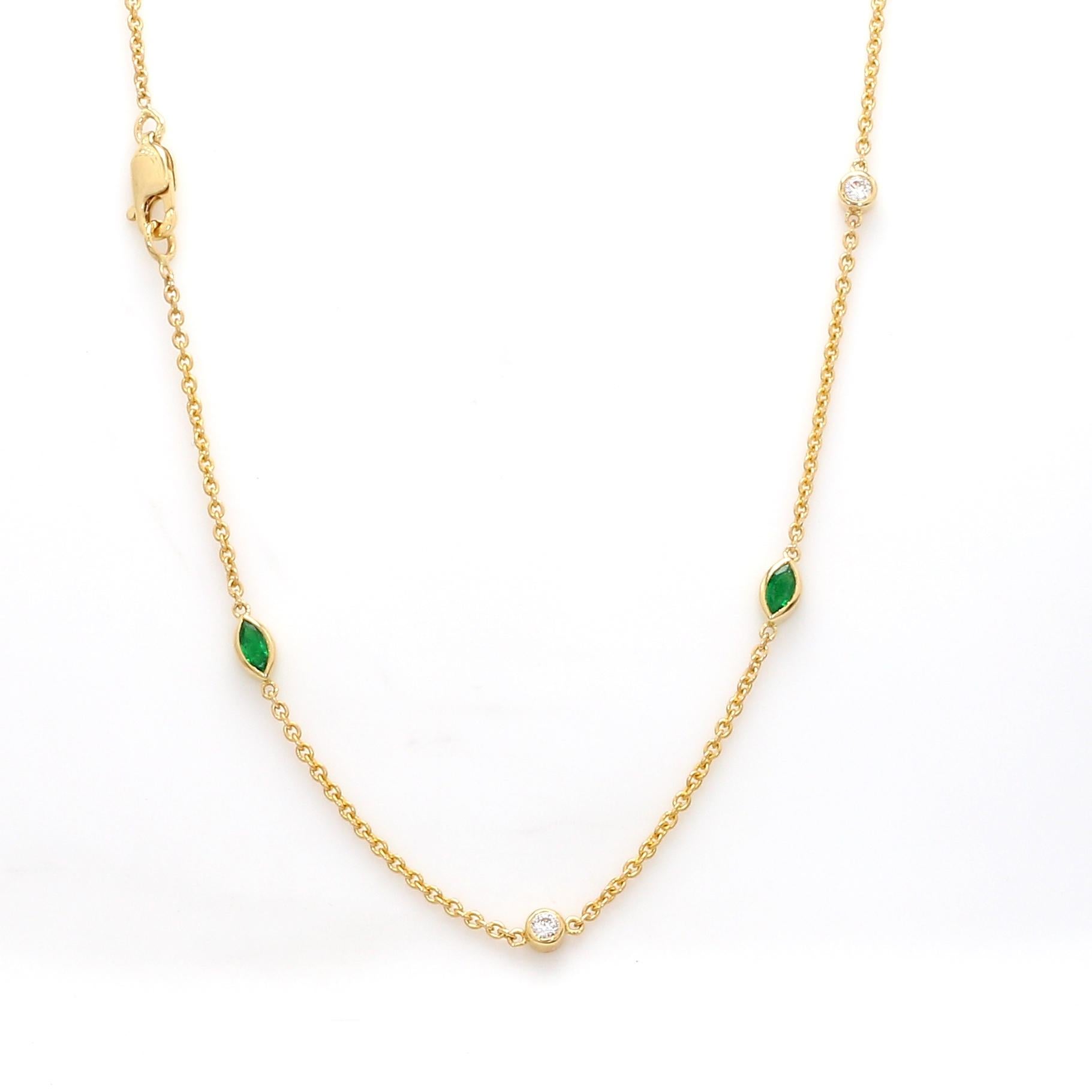 A Beautiful Handcrafted Necklace in 18 Karat Yellow Gold  with Natural Emerald in Marquise Shape and Round Diamonds on nice cable chain.

Emerald Details
Pieces : 8 Pieces Marquise Cut 
Weight : 0.96 Carat 
AAA Quality Emerald

Natural Diamond