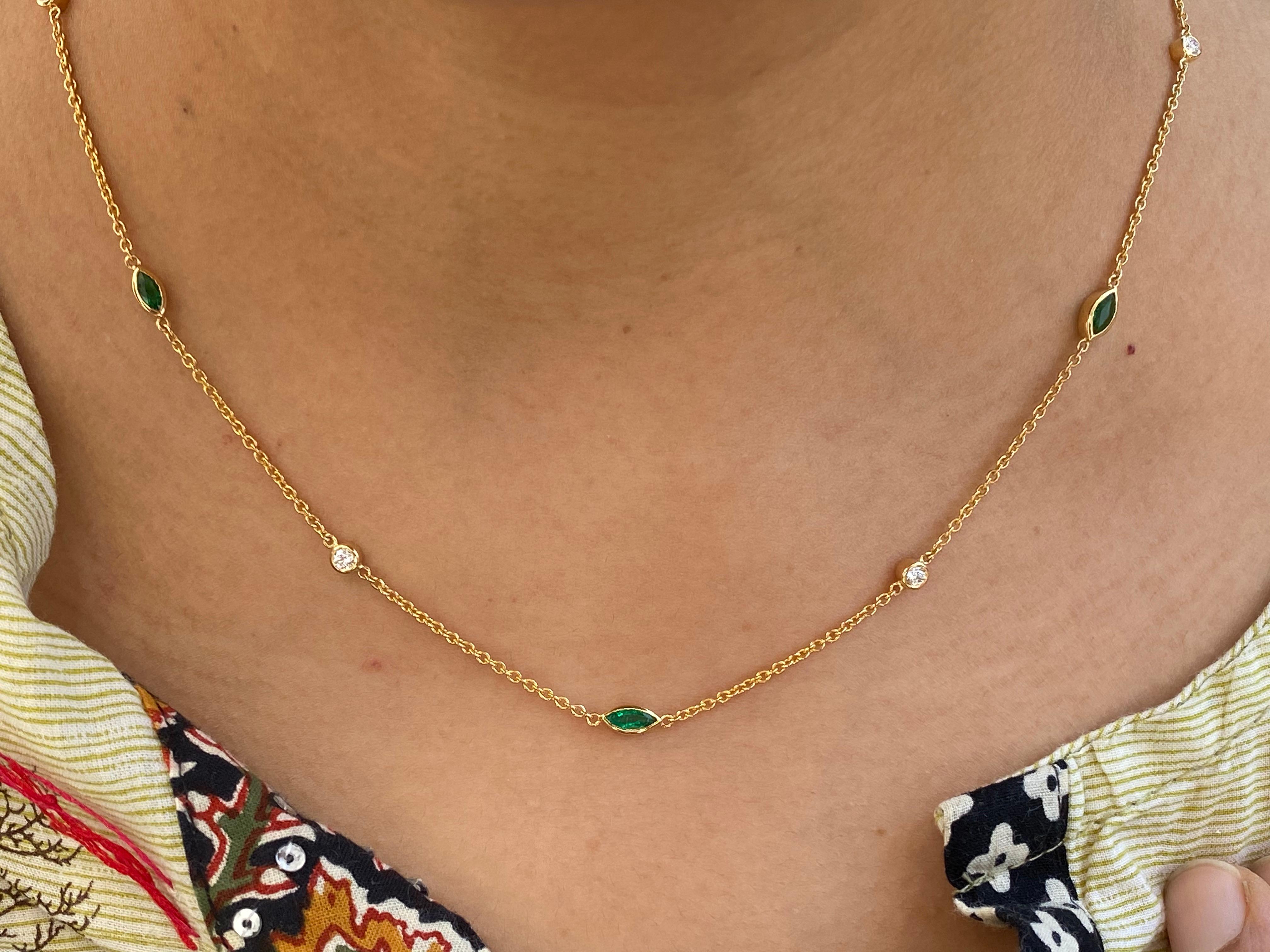 Marquise Cut Marquise Emerald Round Diamond 18 Karat Yellow Gold Necklace, Necklace by Yard For Sale